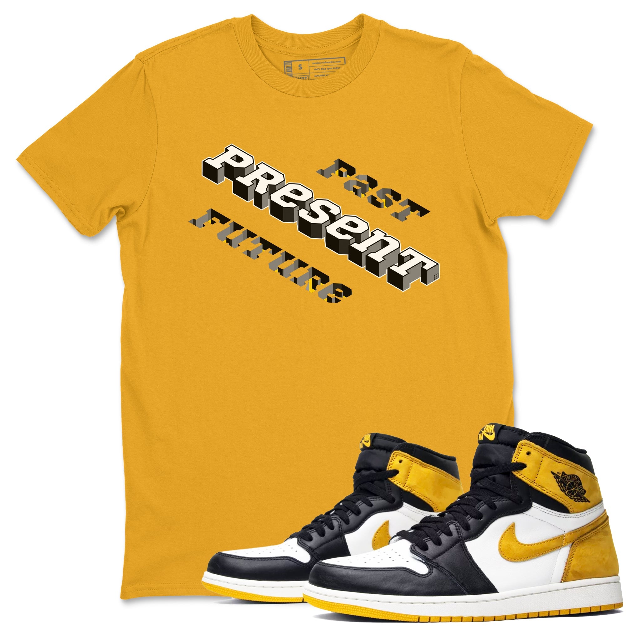 1s Yellow Ochre shirt to match jordans Past Present Future sneaker tees Air Jordan 1 High OG Yellow Ochre SNRT Sneaker Release Tees unisex cotton Gold 1 crew neck shirt