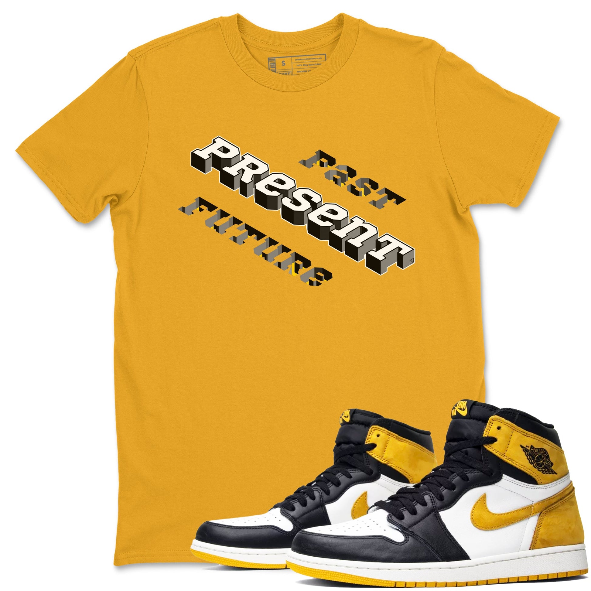 1s Yellow Ochre shirt to match jordans Past Present Future sneaker tees Air Jordan 1 High OG Yellow Ochre SNRT Sneaker Release Tees unisex cotton Gold 1 crew neck shirt