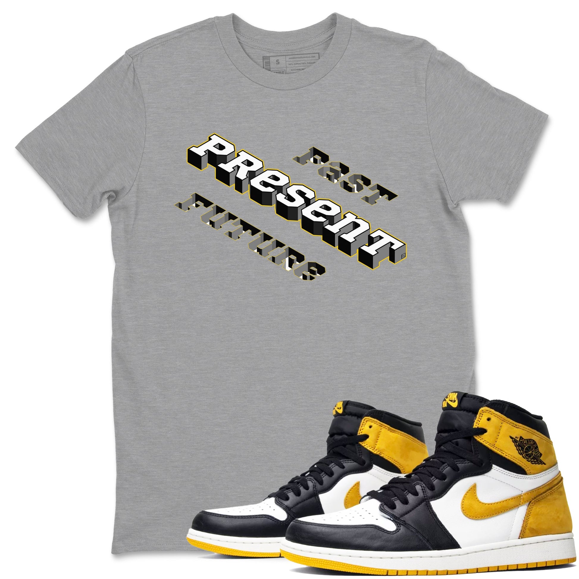 1s Yellow Ochre shirt to match jordans Past Present Future sneaker tees Air Jordan 1 High OG Yellow Ochre SNRT Sneaker Release Tees unisex cotton Heather Grey 1 crew neck shirt