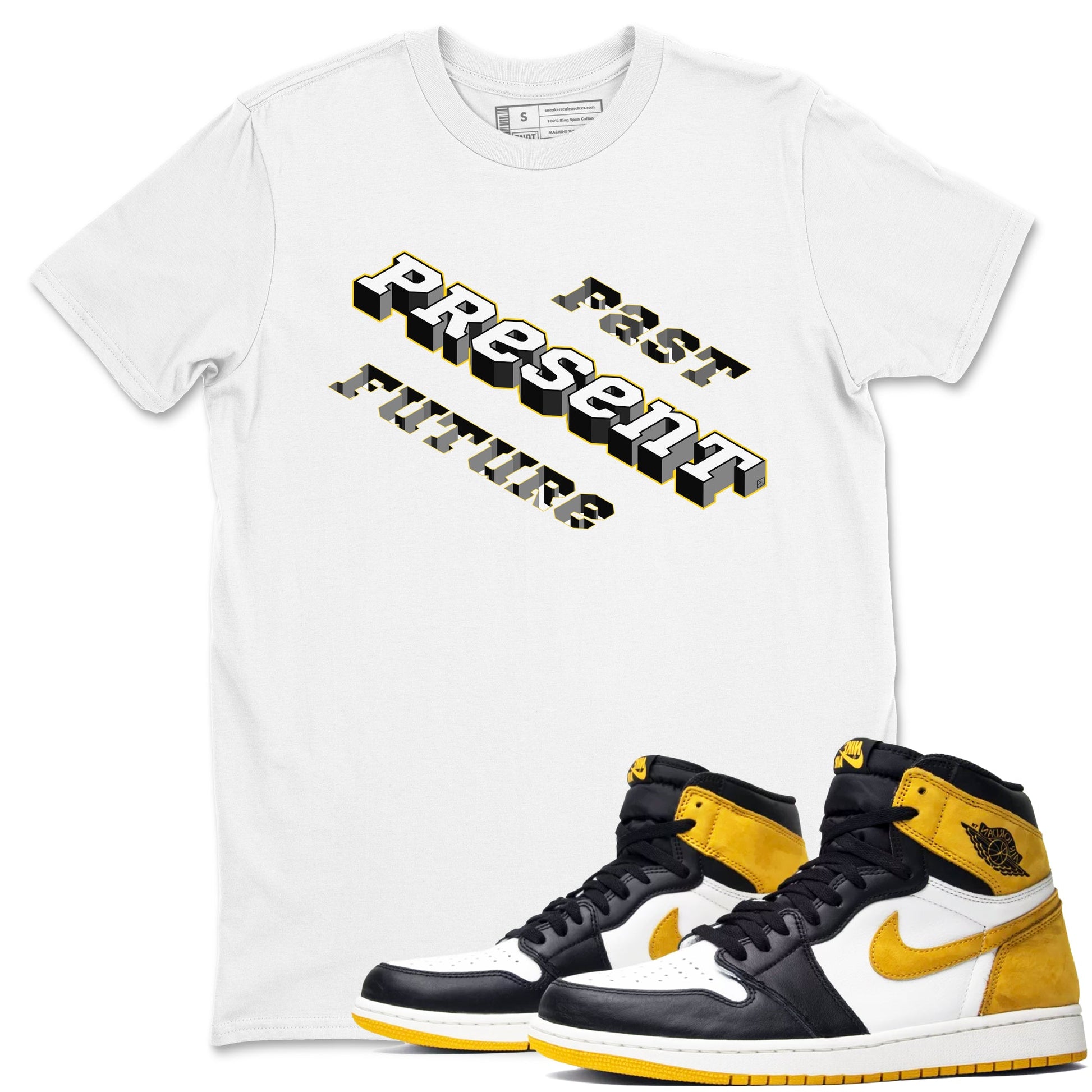 1s Yellow Ochre shirt to match jordans Past Present Future sneaker tees Air Jordan 1 High OG Yellow Ochre SNRT Sneaker Release Tees unisex cotton White 1 crew neck shirt
