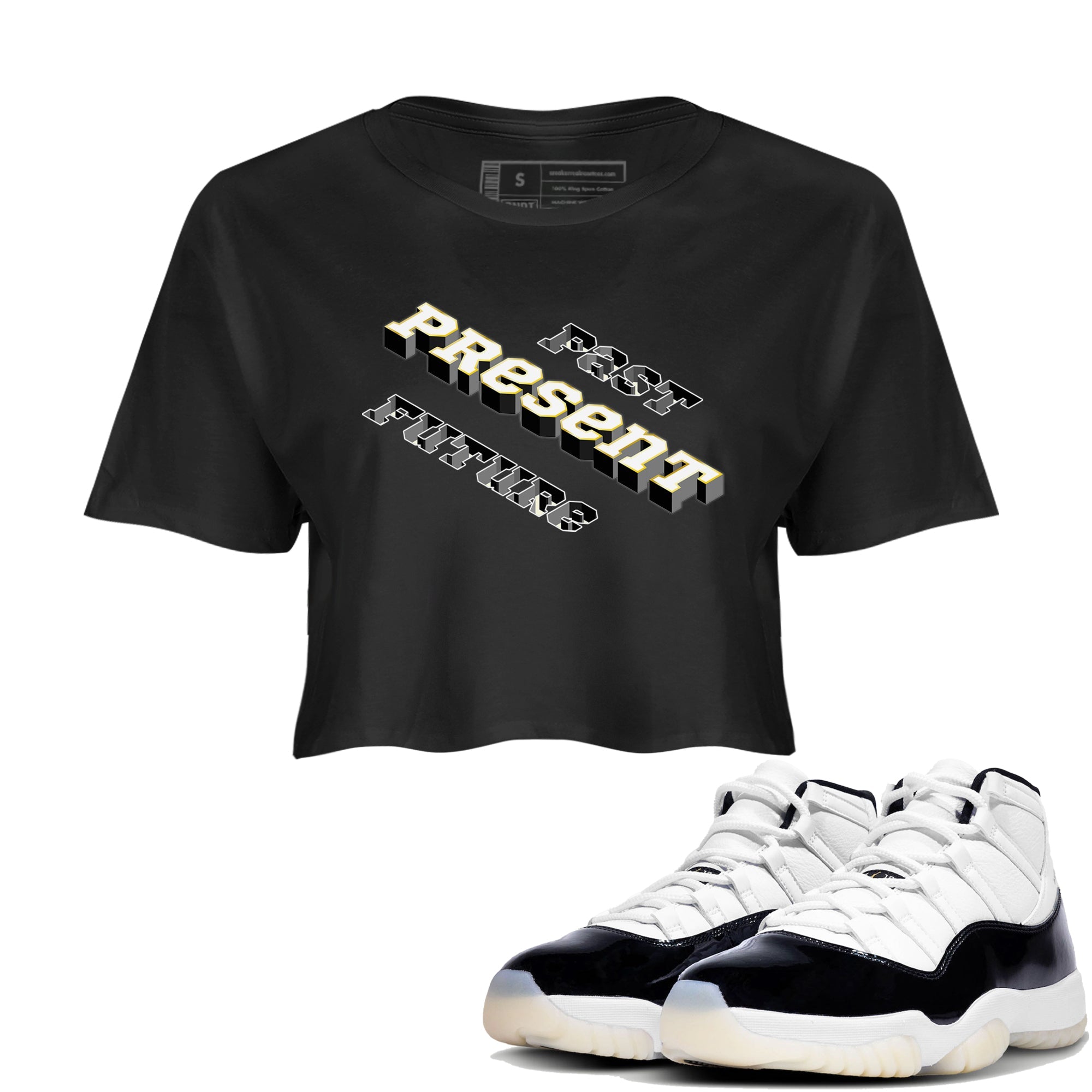 11s Gratitude shirt to match jordans Past Present Future sneaker match tee Air Jordan 11 Gratitude SNRT Sneaker Tees Black 1 women's crop tee