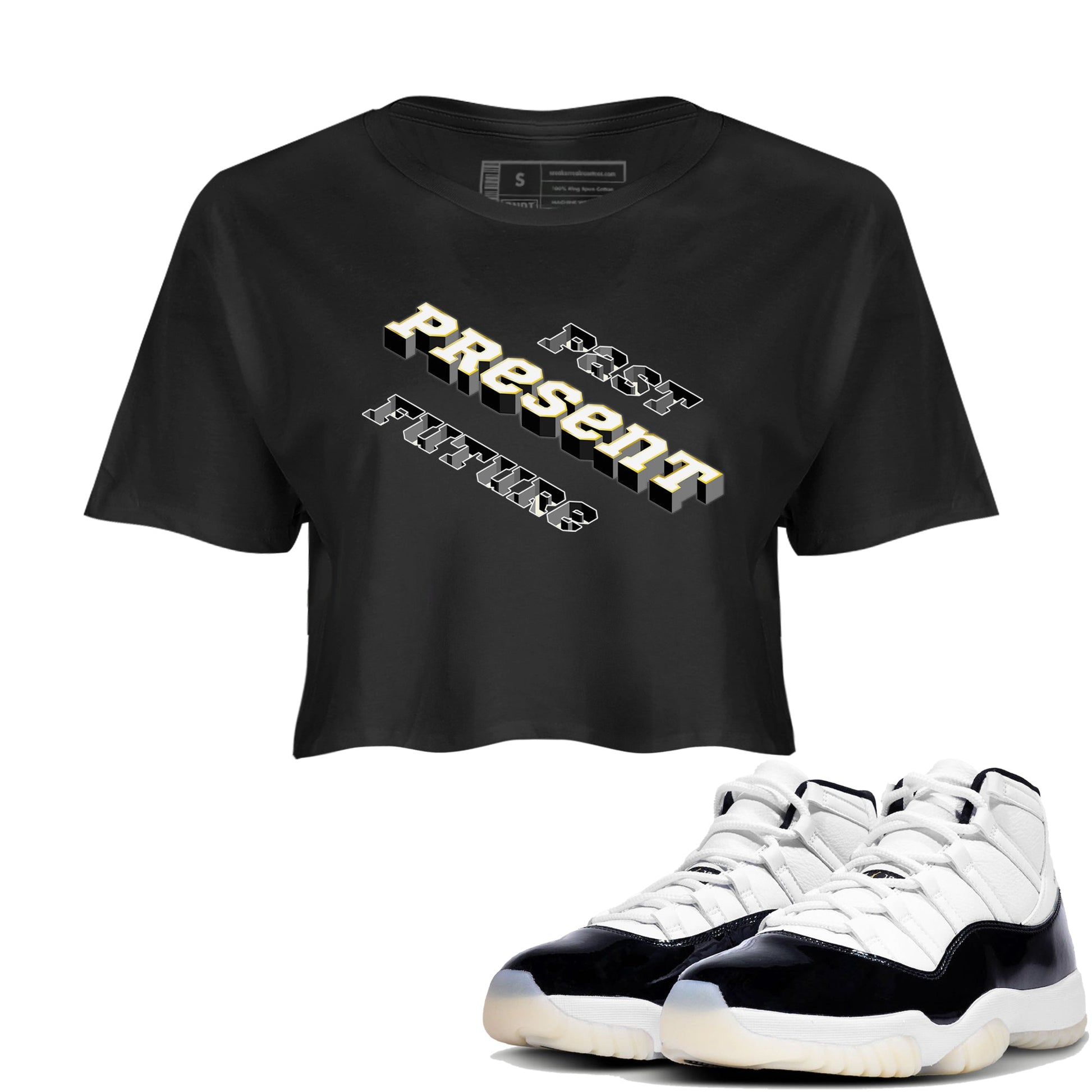 11s Gratitude shirt to match jordans Past Present Future sneaker match tee Air Jordan 11 Gratitude SNRT Sneaker Tees Black 1 women's crop tee
