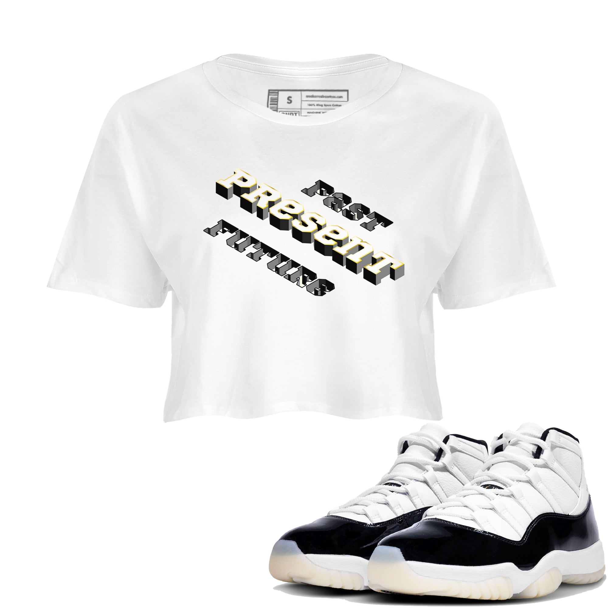 11s Gratitude shirt to match jordans Past Present Future sneaker match tee Air Jordan 11 Gratitude SNRT Sneaker Tees White 1 women's crop tee