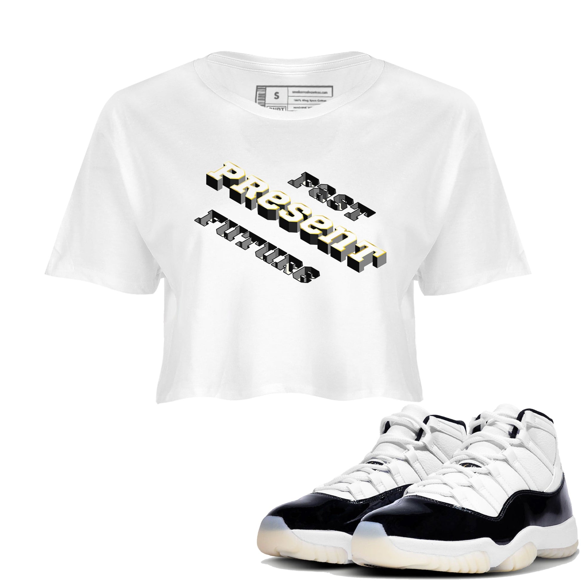 11s Gratitude shirt to match jordans Past Present Future sneaker match tee Air Jordan 11 Gratitude SNRT Sneaker Tees White 1 women's crop tee