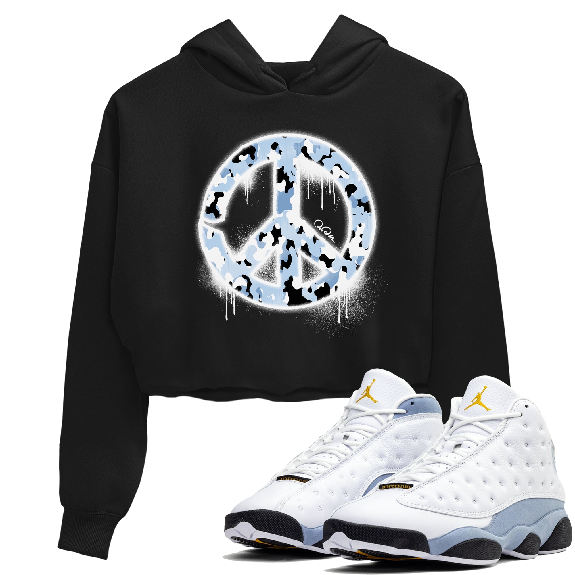Air Jordan 13 Blue Grey shirt to match jordans Peace Sign sneaker tees AJ13 Blue Grey SNRT Sneaker Release Tees Black 1 crop length shirt
