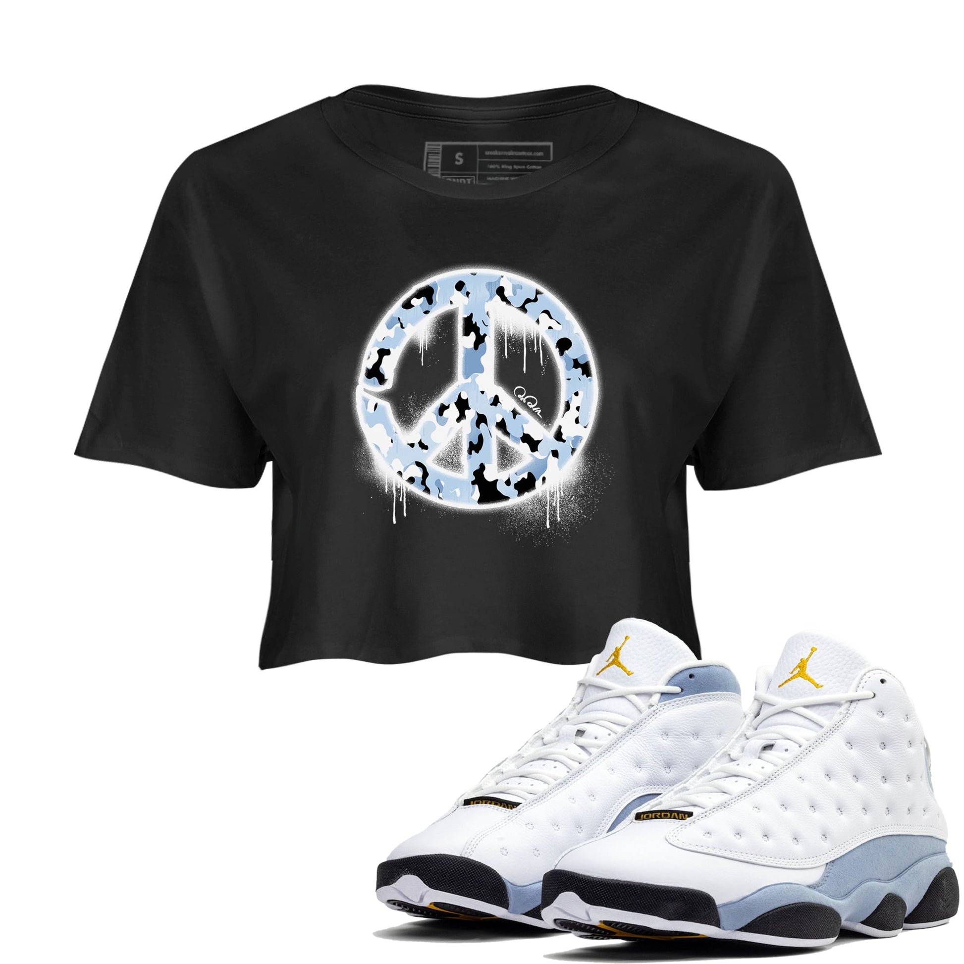Air Jordan 13 Blue Grey shirt to match jordans Peace Sign sneaker tees AJ13 Blue Grey SNRT Sneaker Release Tees Black 1 crop length shirt