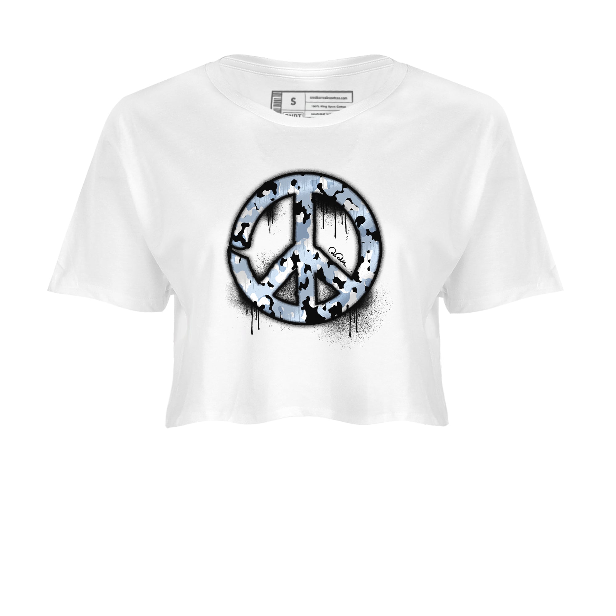 Air Jordan 13 Blue Grey shirt to match jordans Peace Sign sneaker tees AJ13 Blue Grey SNRT Sneaker Release Tees White 2 crop length shirt