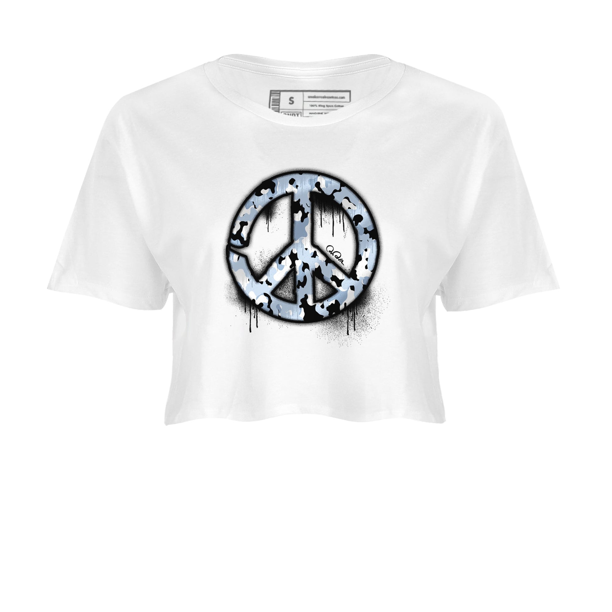 Air Jordan 13 Blue Grey shirt to match jordans Peace Sign sneaker tees AJ13 Blue Grey SNRT Sneaker Release Tees White 2 crop length shirt