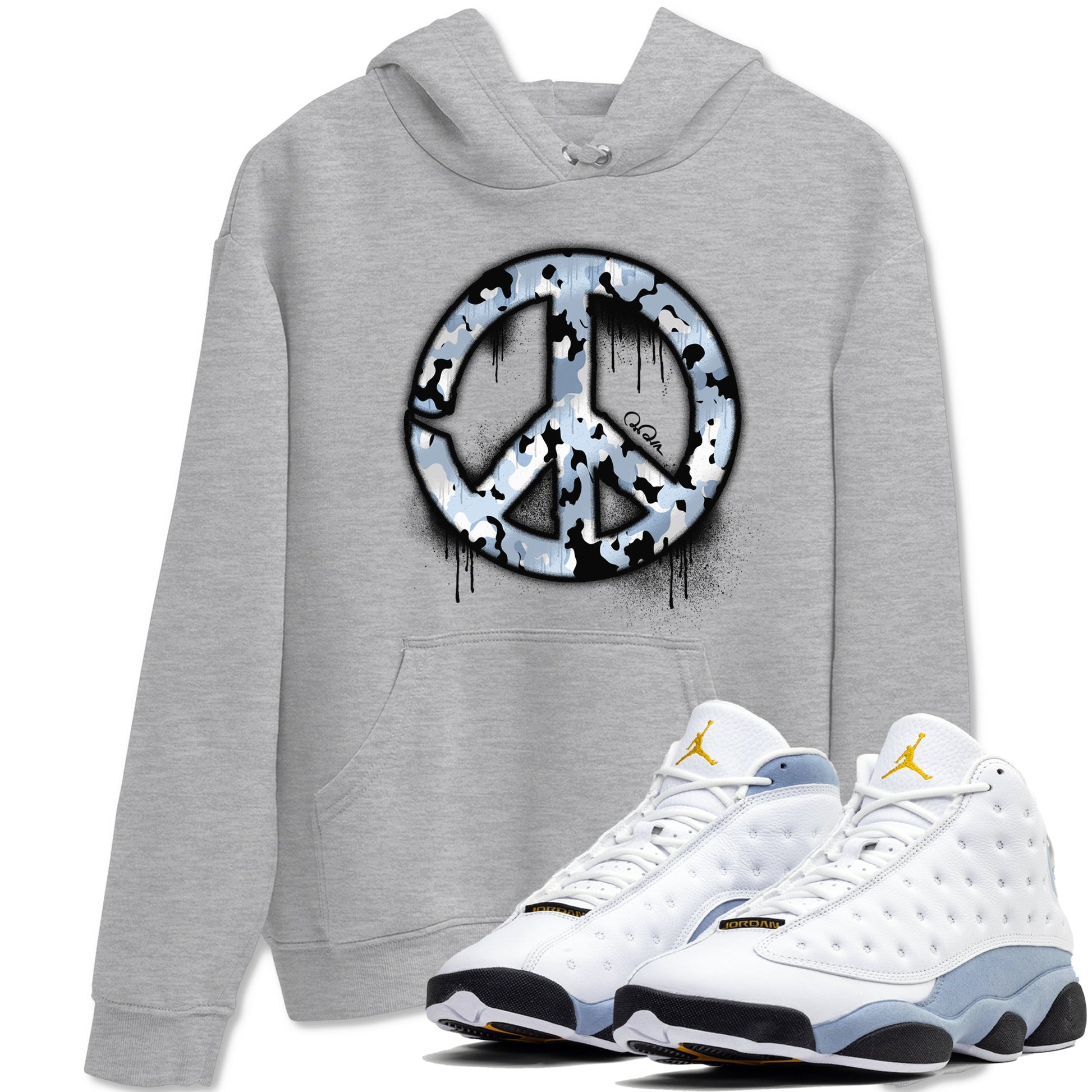 Air Jordan 13 Blue Grey shirt to match jordans Peace Sign sneaker tees AJ13 Blue Grey SNRT Sneaker Release Tees unisex cotton Heather Grey 1 crew neck shirt
