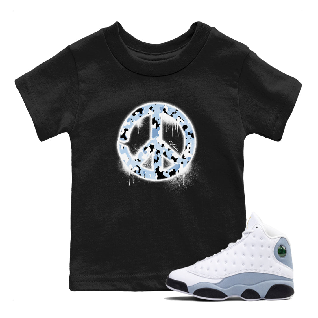 Air Jordan 13 Blue Grey shirt to match jordans Peace Sign sneaker tees AJ13 Blue Grey SNRT sneaker release tees baby toddler Black 1 cotton Shirt