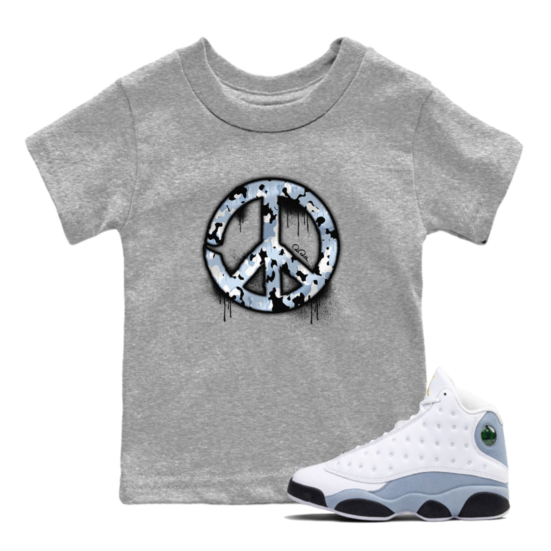 Air Jordan 13 Blue Grey shirt to match jordans Peace Sign sneaker tees AJ13 Blue Grey SNRT sneaker release tees baby toddler Heather Grey 1 cotton Shirt