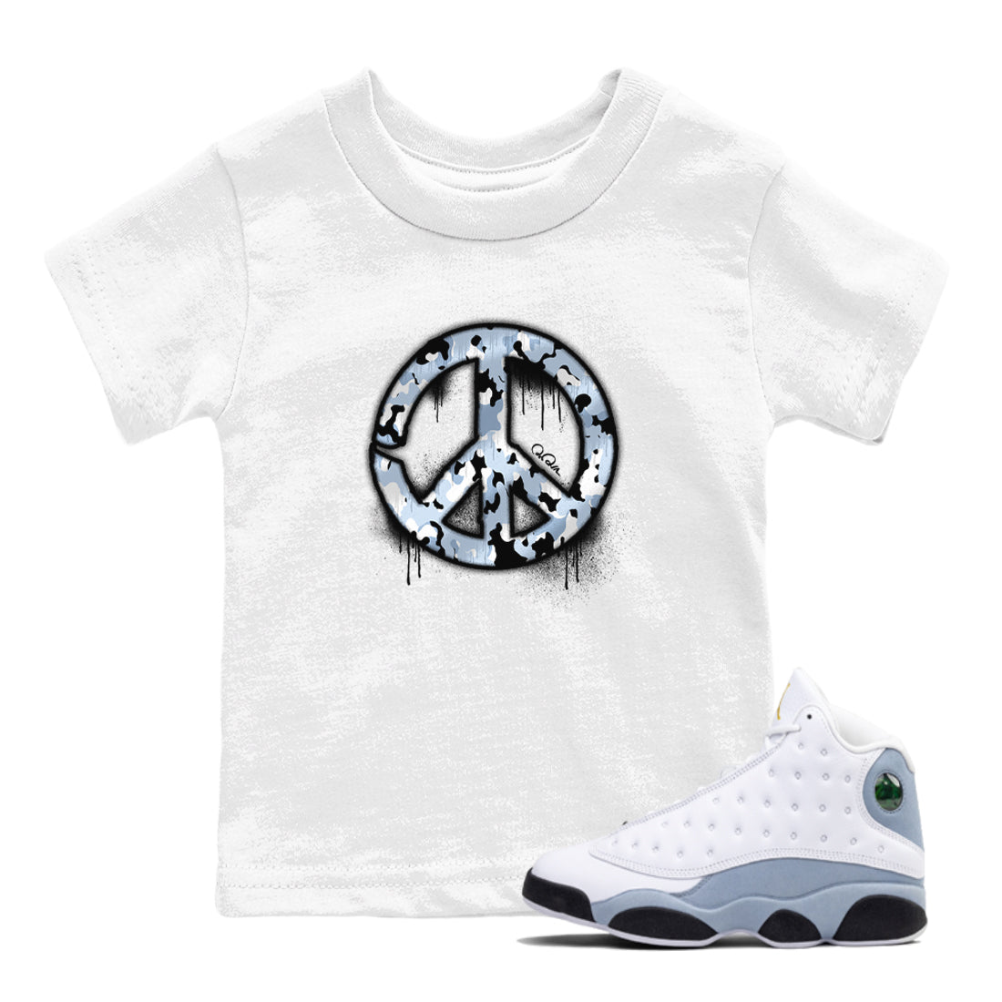 Air Jordan 13 Blue Grey shirt to match jordans Peace Sign sneaker tees AJ13 Blue Grey SNRT sneaker release tees baby toddler White 1 cotton Shirt