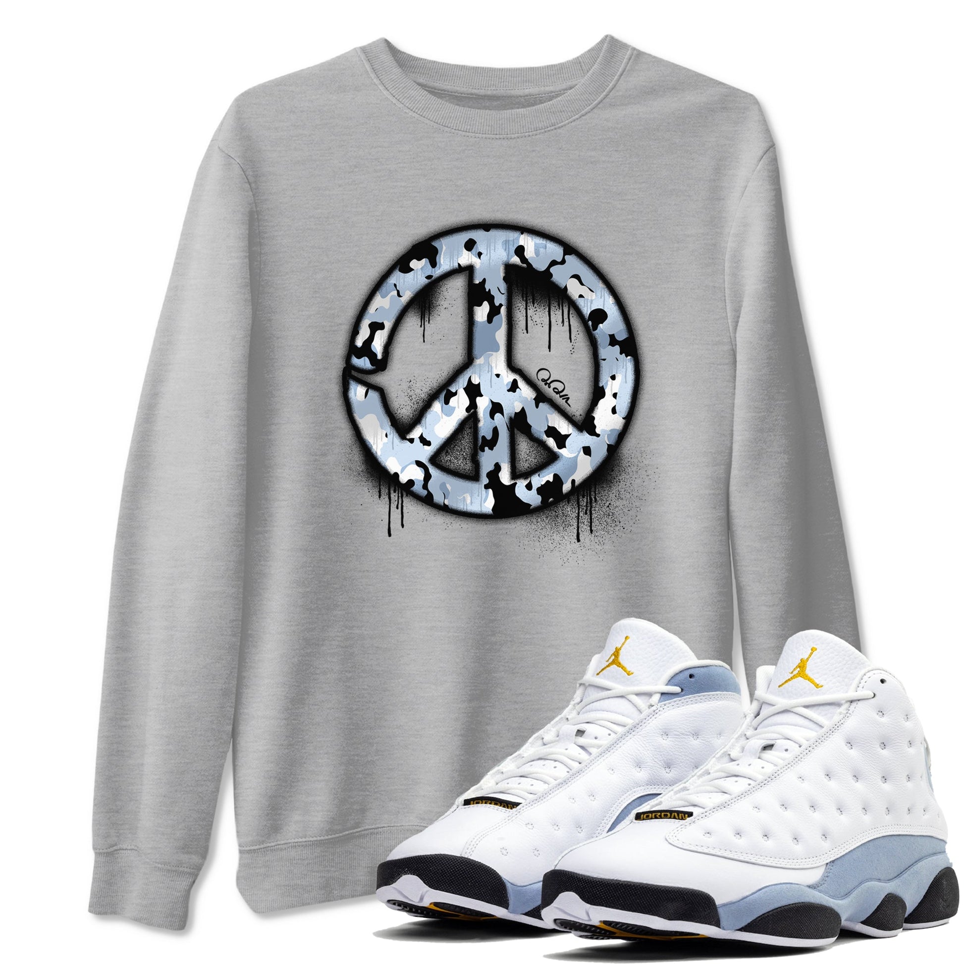 Air Jordan 13 Blue Grey shirt to match jordans Peace Sign sneaker tees AJ13 Blue Grey SNRT Sneaker Release Tees unisex cotton Heather Grey 1 crew neck shirt