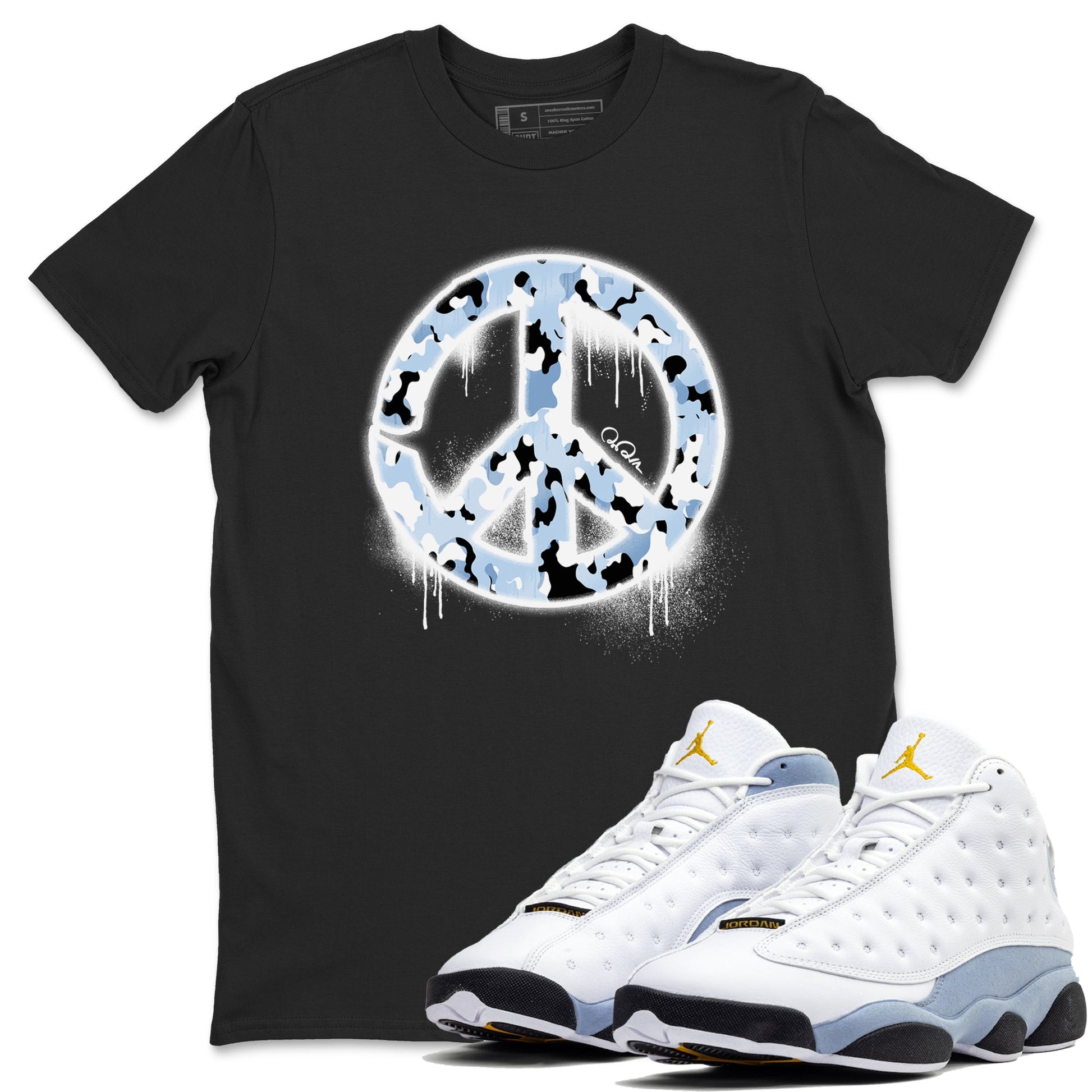 Air Jordan 13 Blue Grey shirt to match jordans Peace Sign sneaker tees AJ13 Blue Grey SNRT Sneaker Release Tees unisex cotton Black 1 crew neck shirt