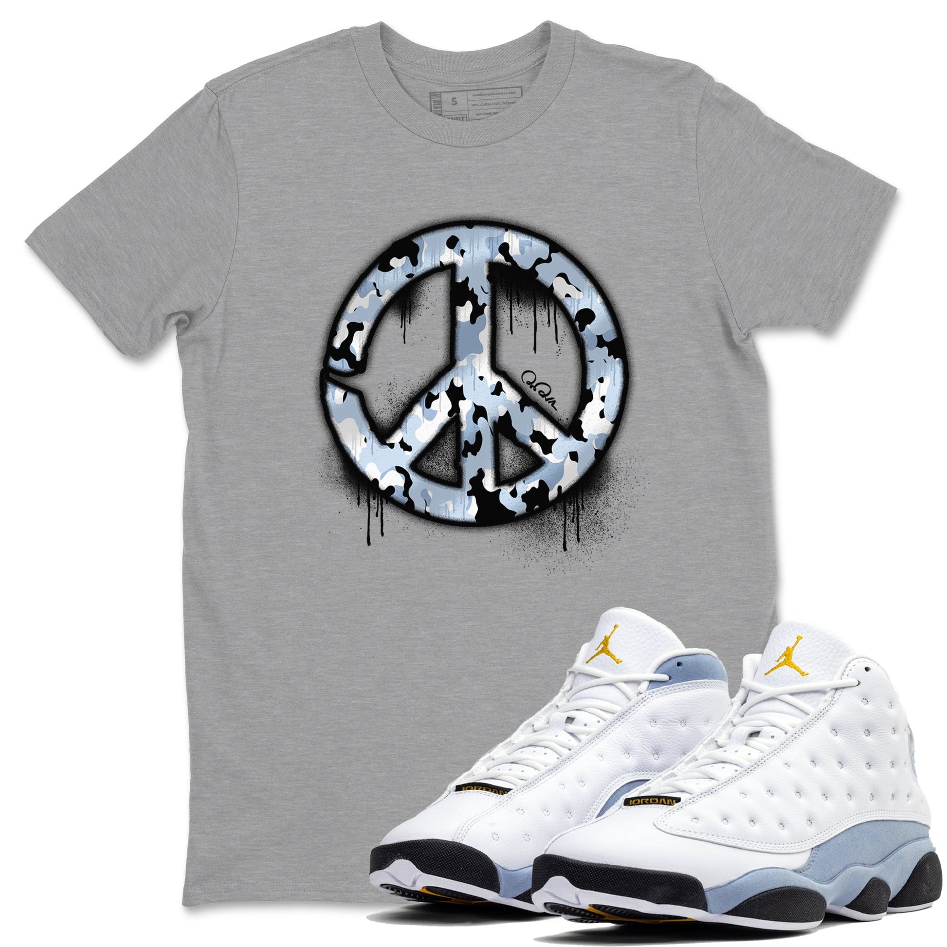 Air Jordan 13 Blue Grey shirt to match jordans Peace Sign sneaker tees AJ13 Blue Grey SNRT Sneaker Release Tees unisex cotton Heather Grey 1 crew neck shirt