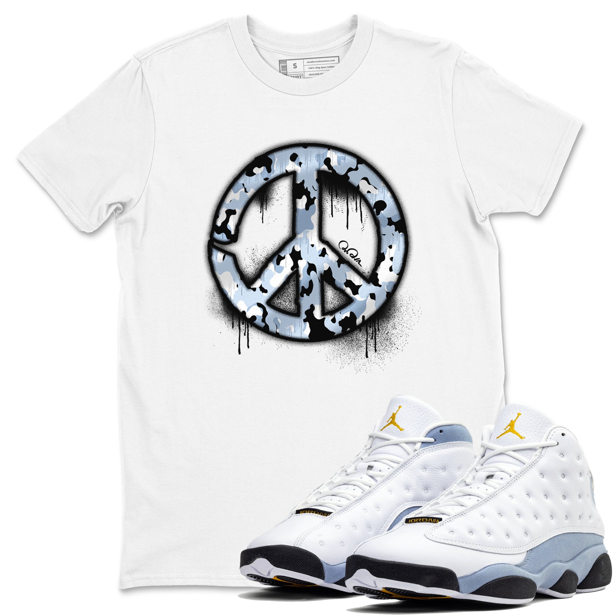 Air Jordan 13 Blue Grey shirt to match jordans Peace Sign sneaker tees AJ13 Blue Grey SNRT Sneaker Release Tees unisex cotton White 1 crew neck shirt