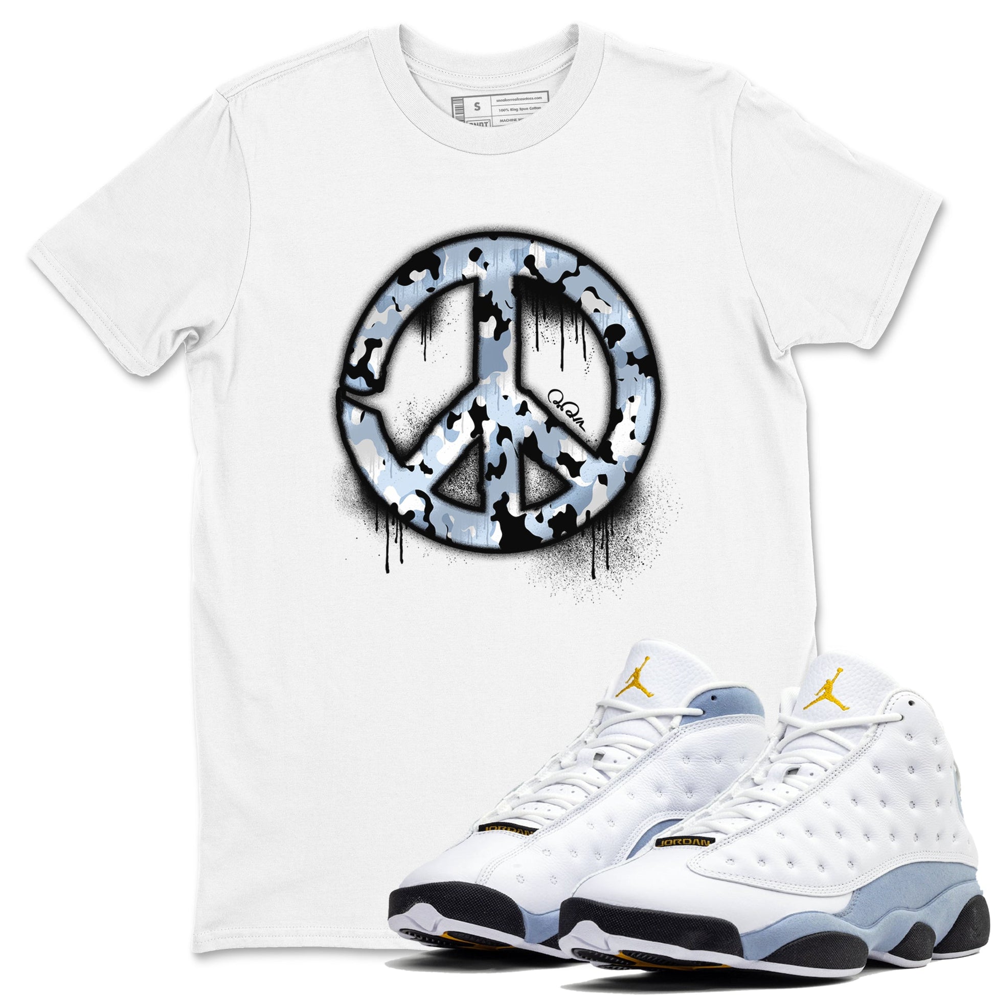 Air Jordan 13 Blue Grey shirt to match jordans Peace Sign sneaker tees AJ13 Blue Grey SNRT Sneaker Release Tees unisex cotton White 1 crew neck shirt