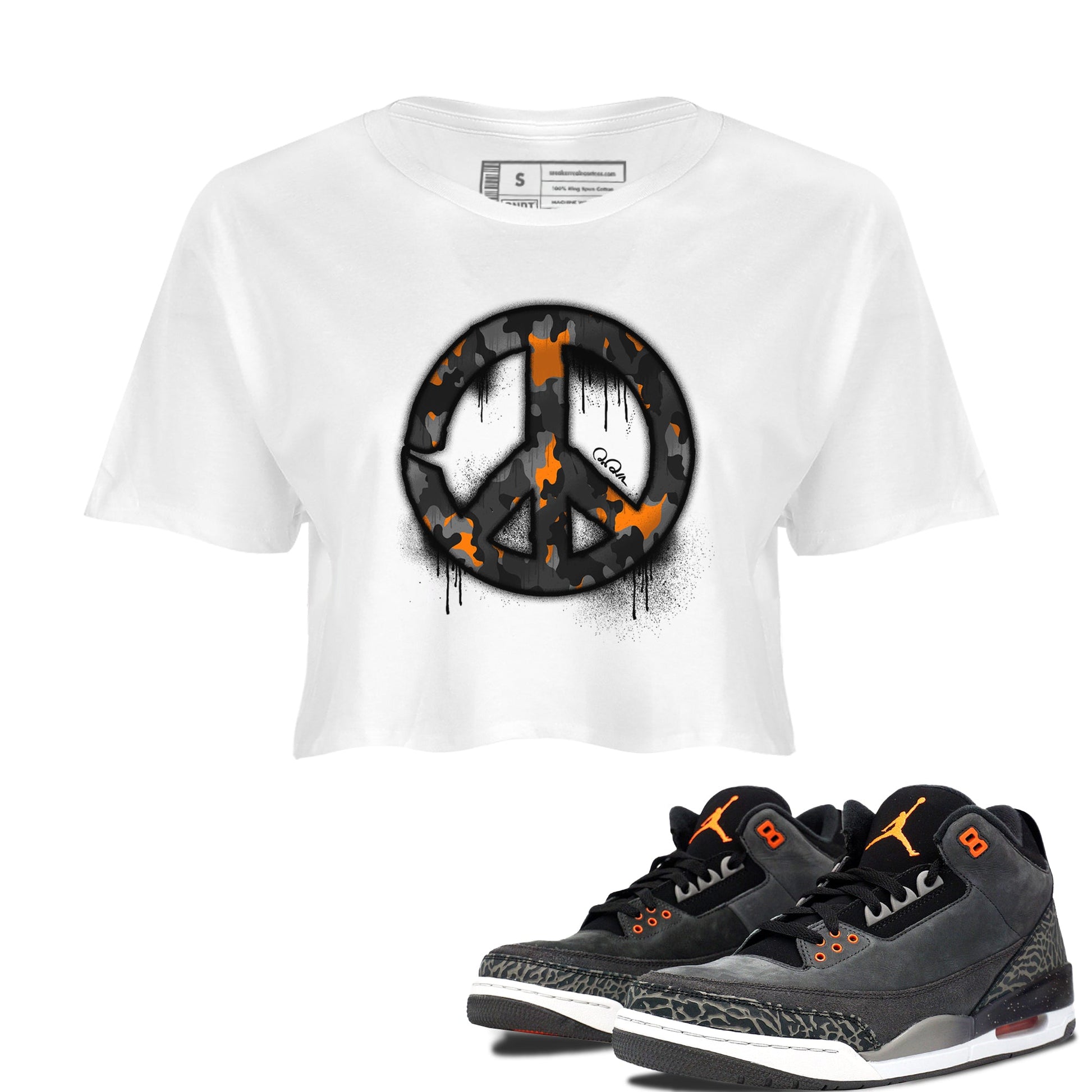 Air Jordan 3 Fear shirt to match jordans Peace Sign sneaker tees AJ3 Fear SNRT Sneaker Release Tees White 1 Crop T-Shirt