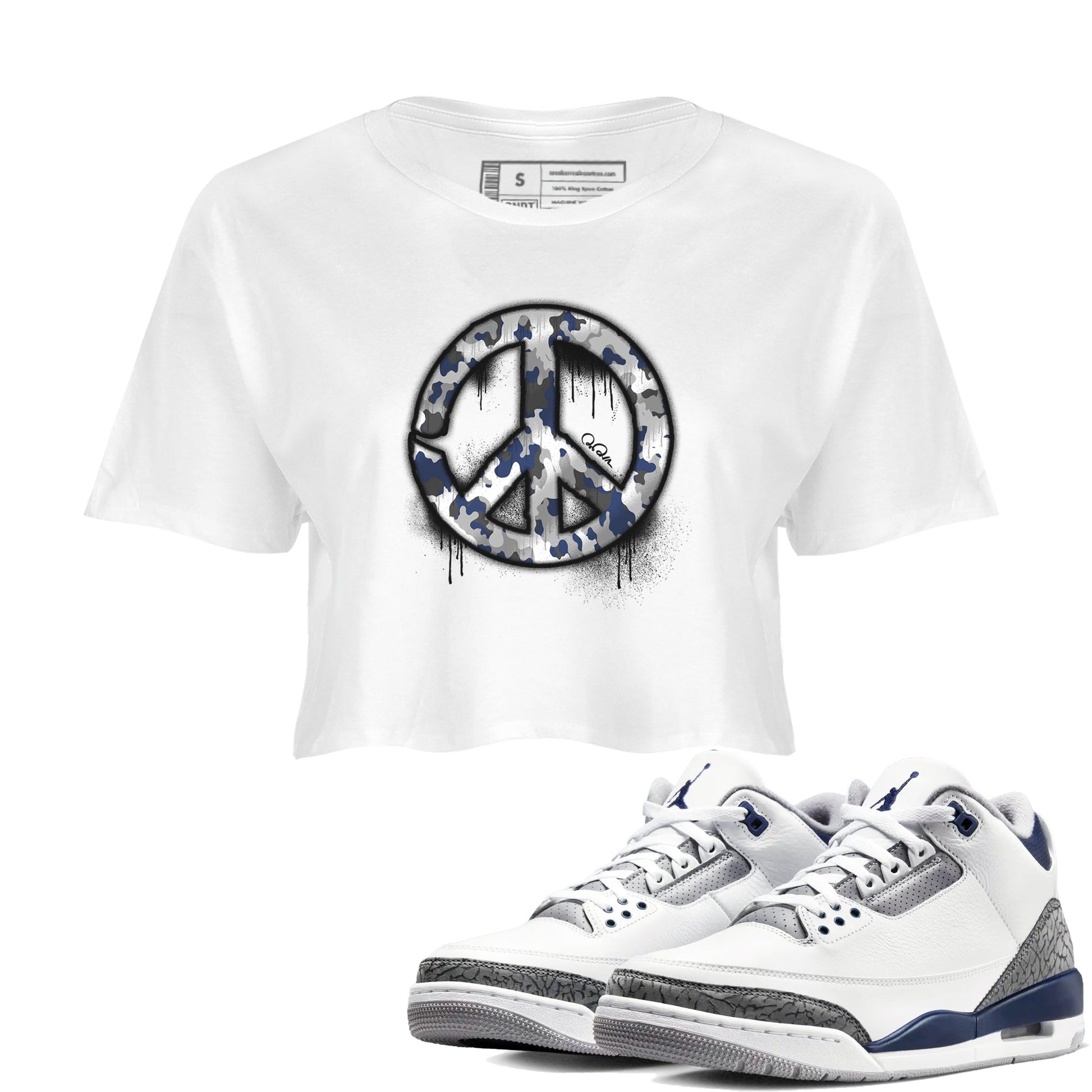 3s Midnight Navy shirt to match jordans Peace Sign sneaker tees Air Jordan 3 Midnight Navy SNRT Sneaker Release Tees White 1 crop length shirt