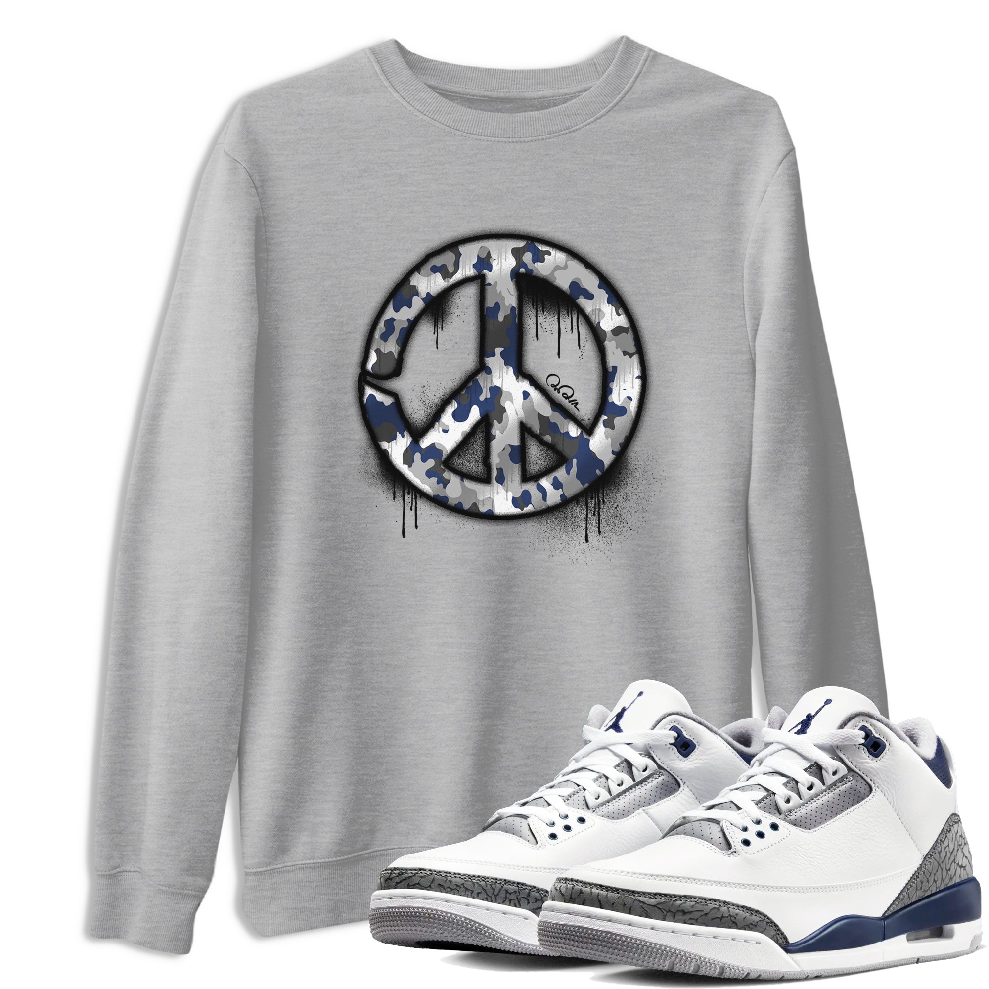 3s Midnight Navy shirt to match jordans Peace Sign sneaker tees Air Jordan 3 Midnight Navy SNRT Sneaker Release Tees unisex cotton Heather Grey 1 crew neck shirt