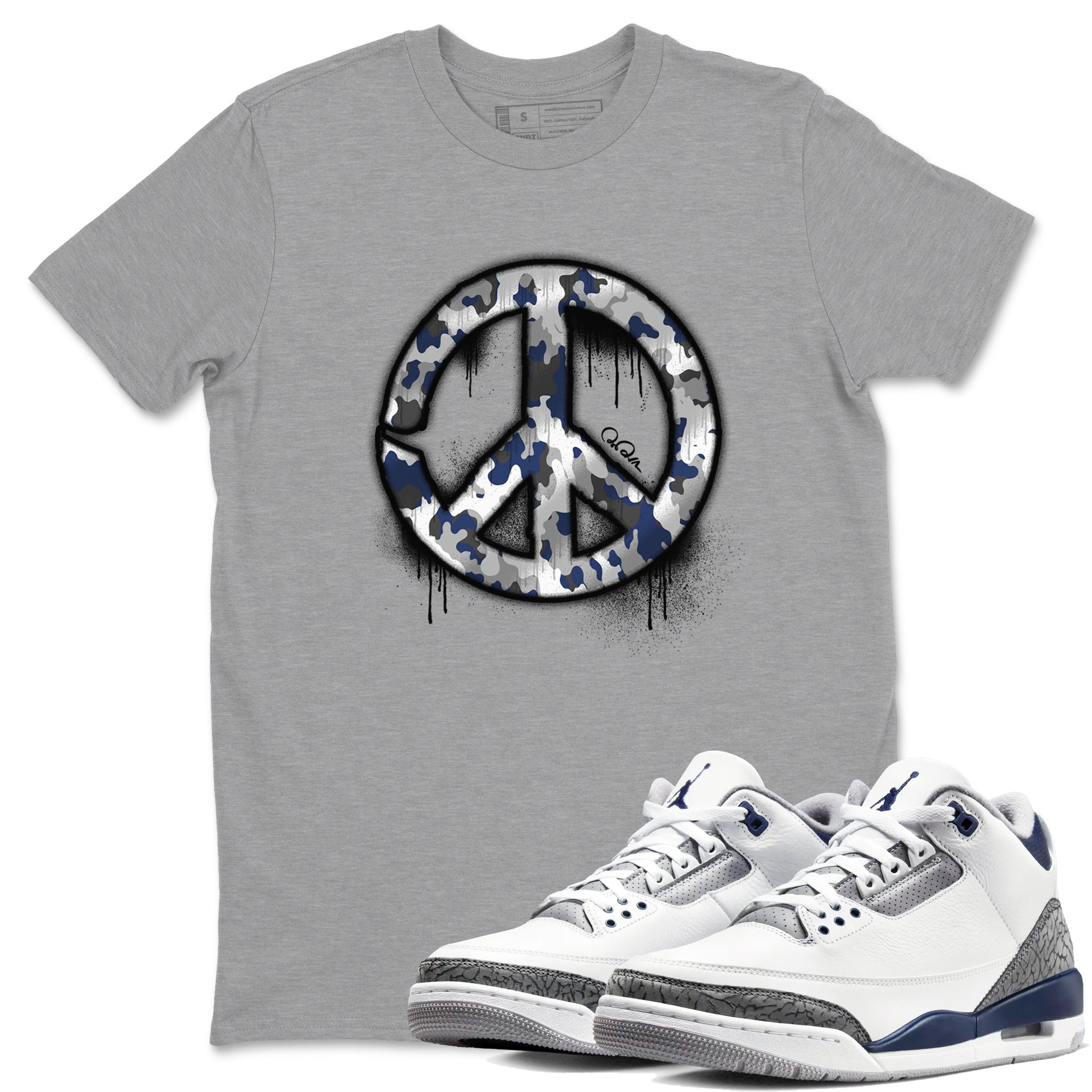 3s Midnight Navy shirt to match jordans Peace Sign sneaker tees Air Jordan 3 Midnight Navy SNRT Sneaker Release Tees unisex cotton Heather Grey 1 crew neck shirt