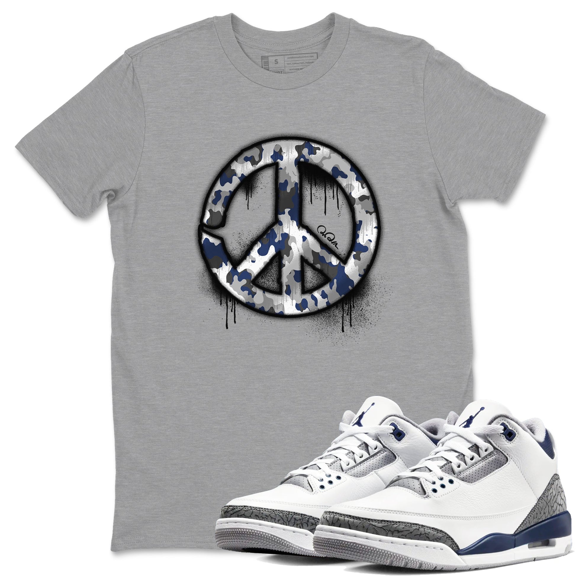 3s Midnight Navy shirt to match jordans Peace Sign sneaker tees Air Jordan 3 Midnight Navy SNRT Sneaker Release Tees unisex cotton Heather Grey 1 crew neck shirt