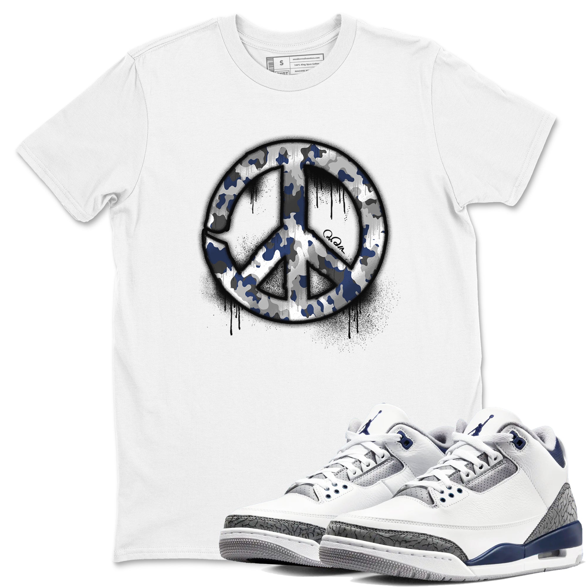 3s Midnight Navy shirt to match jordans Peace Sign sneaker tees Air Jordan 3 Midnight Navy SNRT Sneaker Release Tees unisex cotton White 1 crew neck shirt