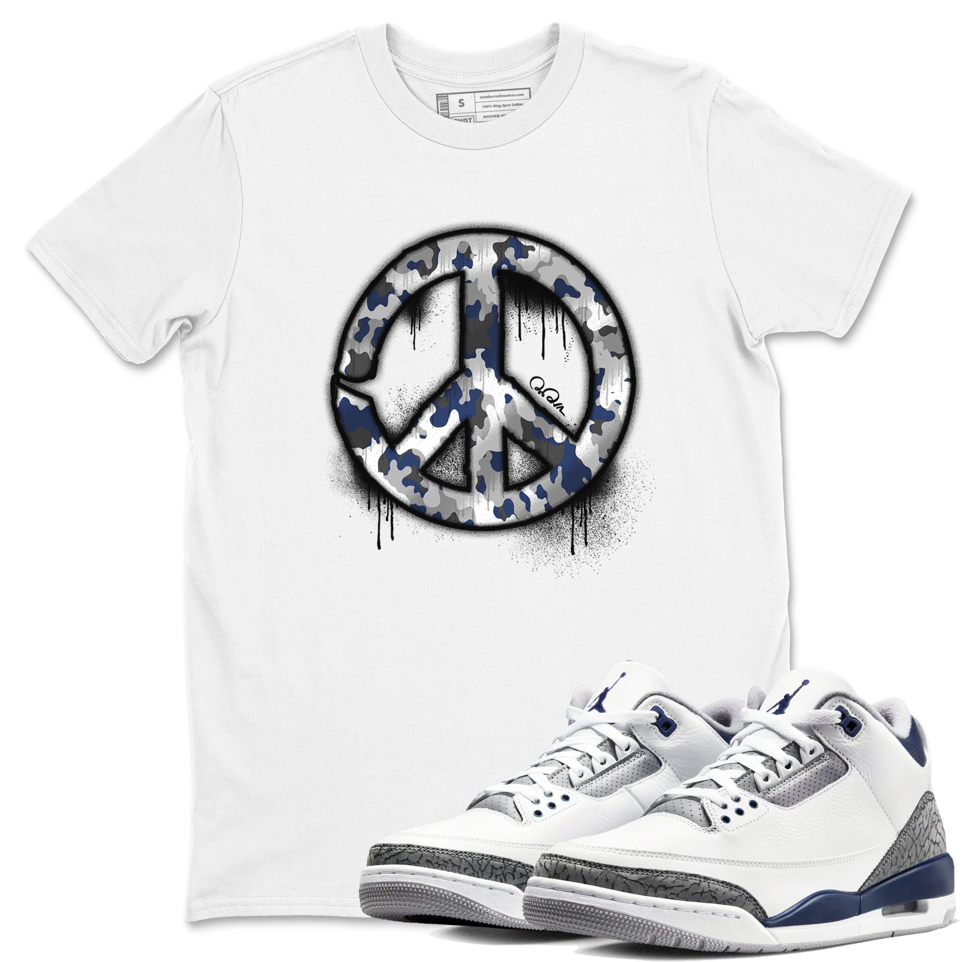 3s Midnight Navy shirt to match jordans Peace Sign sneaker tees Air Jordan 3 Midnight Navy SNRT Sneaker Release Tees unisex cotton White 1 crew neck shirt