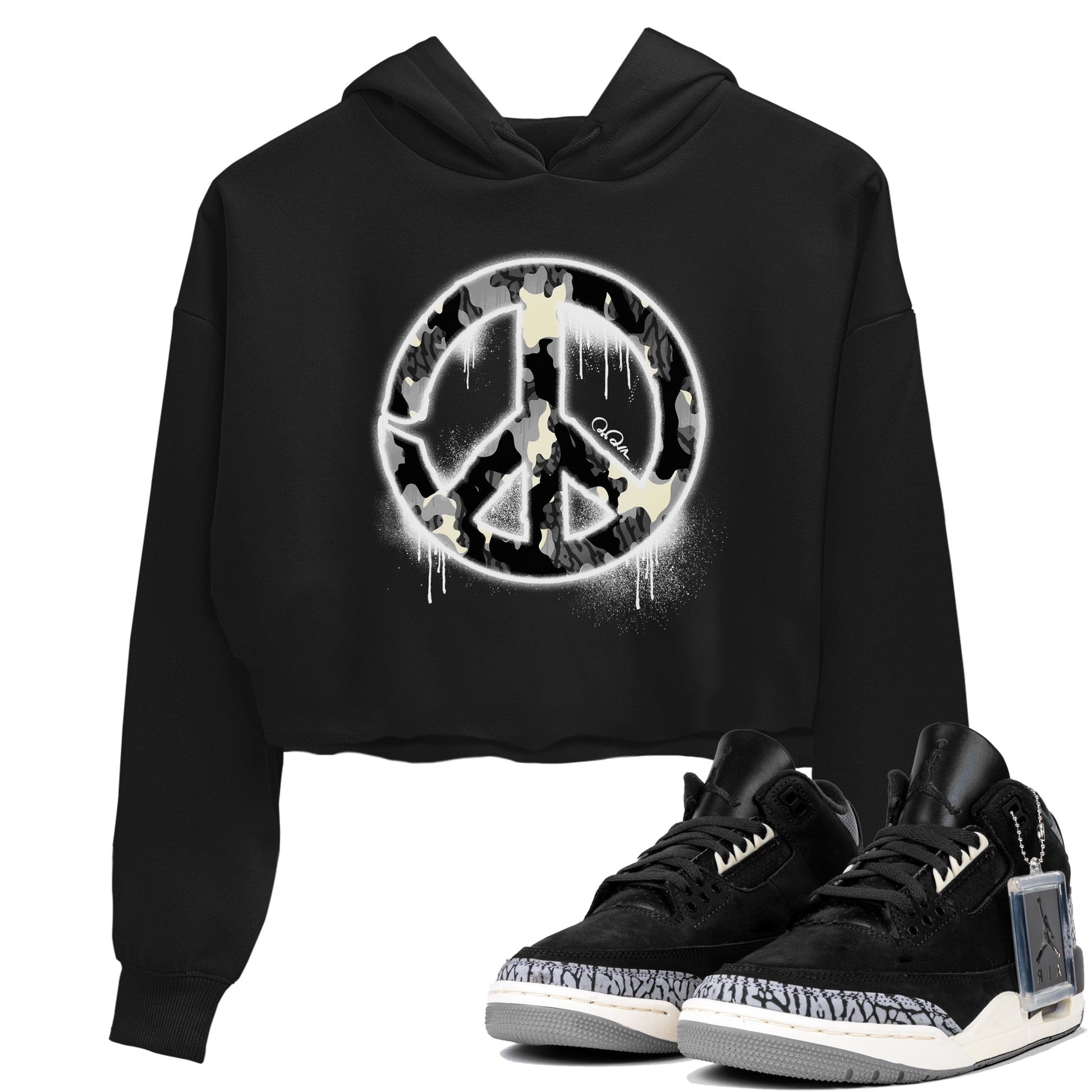 Air Jordan 3 Off Noir shirt to match jordans Peace Sign sneaker tees AJ3 Off Noir SNRT Sneaker Release Tees Black 1 Crop T-Shirt