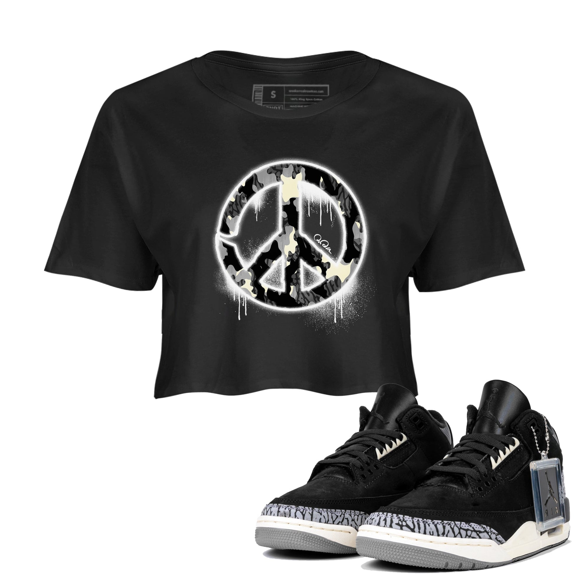 Air Jordan 3 Off Noir shirt to match jordans Peace Sign sneaker tees AJ3 Off Noir SNRT Sneaker Release Tees Black 1 Crop T-Shirt