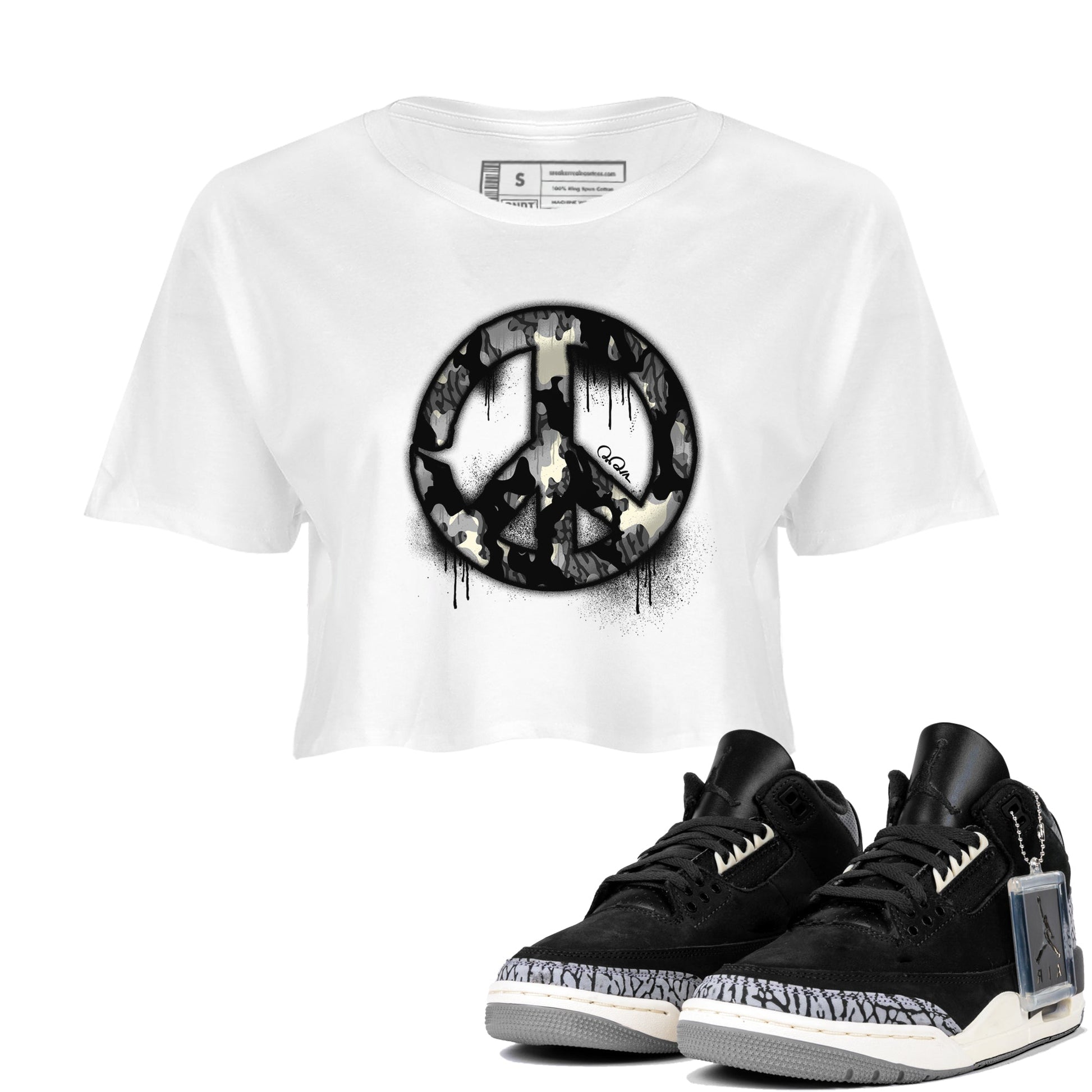 Air Jordan 3 Off Noir shirt to match jordans Peace Sign sneaker tees AJ3 Off Noir SNRT Sneaker Release Tees White 1 Crop T-Shirt