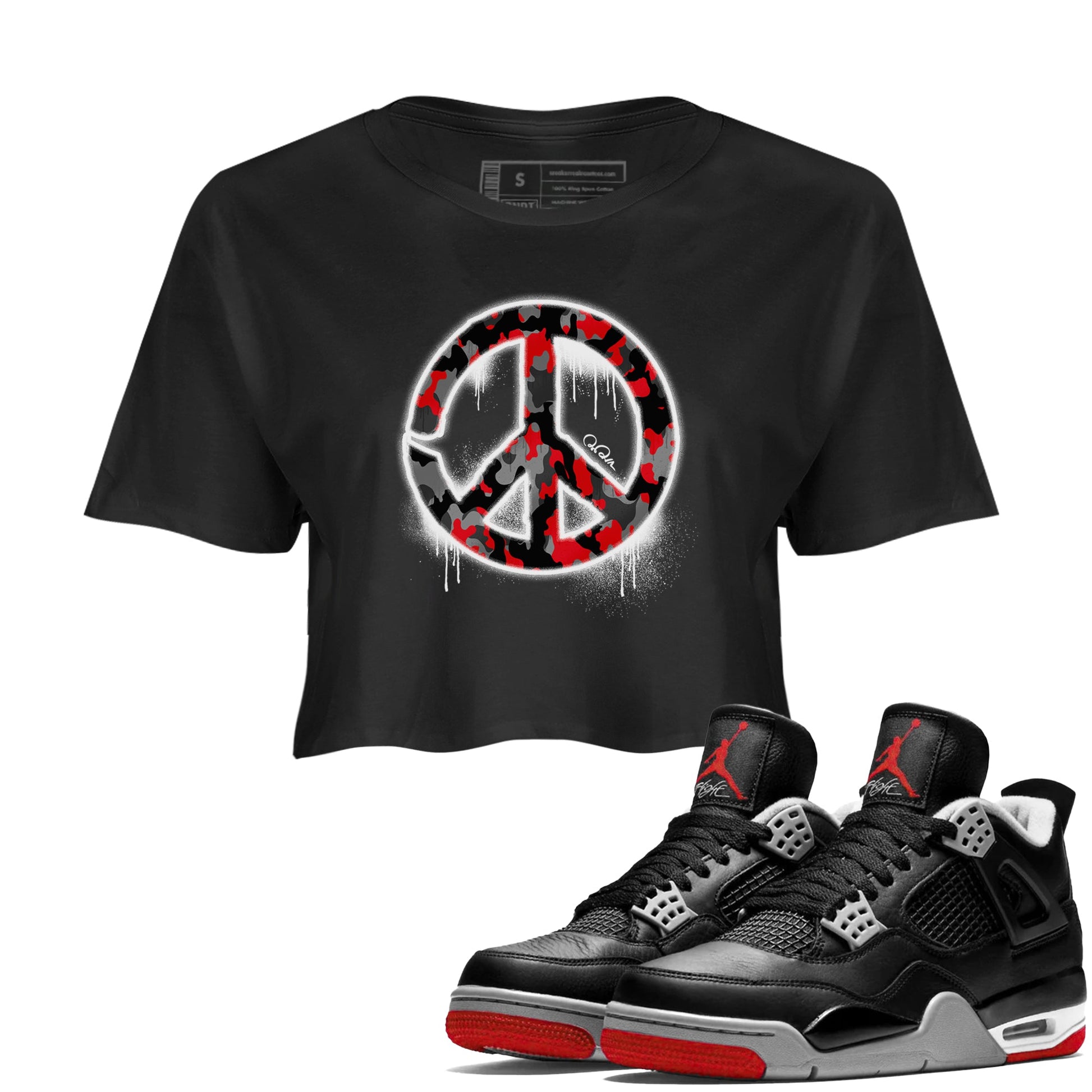 4s Bred Reimagined shirt to match jordans Peace Sign sneaker tees Air Jordan 4 Bred Reimagined SNRT Sneaker Release Tees Black 1 Crop T-Shirt