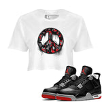 4s Bred Reimagined shirt to match jordans Peace Sign sneaker tees Air Jordan 4 Bred Reimagined SNRT Sneaker Release Tees White 1 Crop T-Shirt