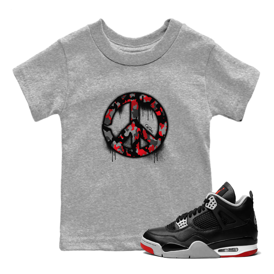 4s Bred Reimagined shirt to match jordans Peace Sign sneaker tees Air Jordan 4 Bred Reimagined SNRT Sneaker Release Tees Baby Toddler Heather Grey 1 T-Shirt