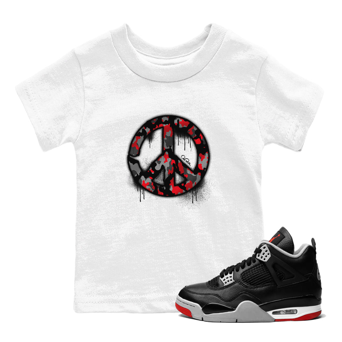 4s Bred Reimagined shirt to match jordans Peace Sign sneaker tees Air Jordan 4 Bred Reimagined SNRT Sneaker Release Tees Baby Toddler White 1 T-Shirt