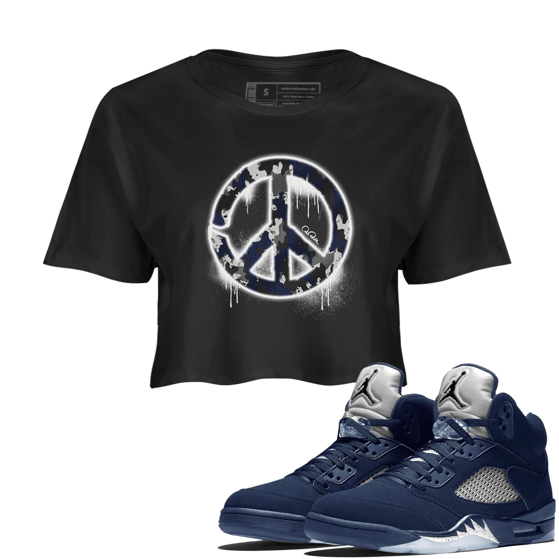 Air Jordan 5 Georgetown shirt to match jordans Peace Sign sneaker tees AJ5 Georgetown SNRT Sneaker Release Tees Black 1 Crop T-Shirt