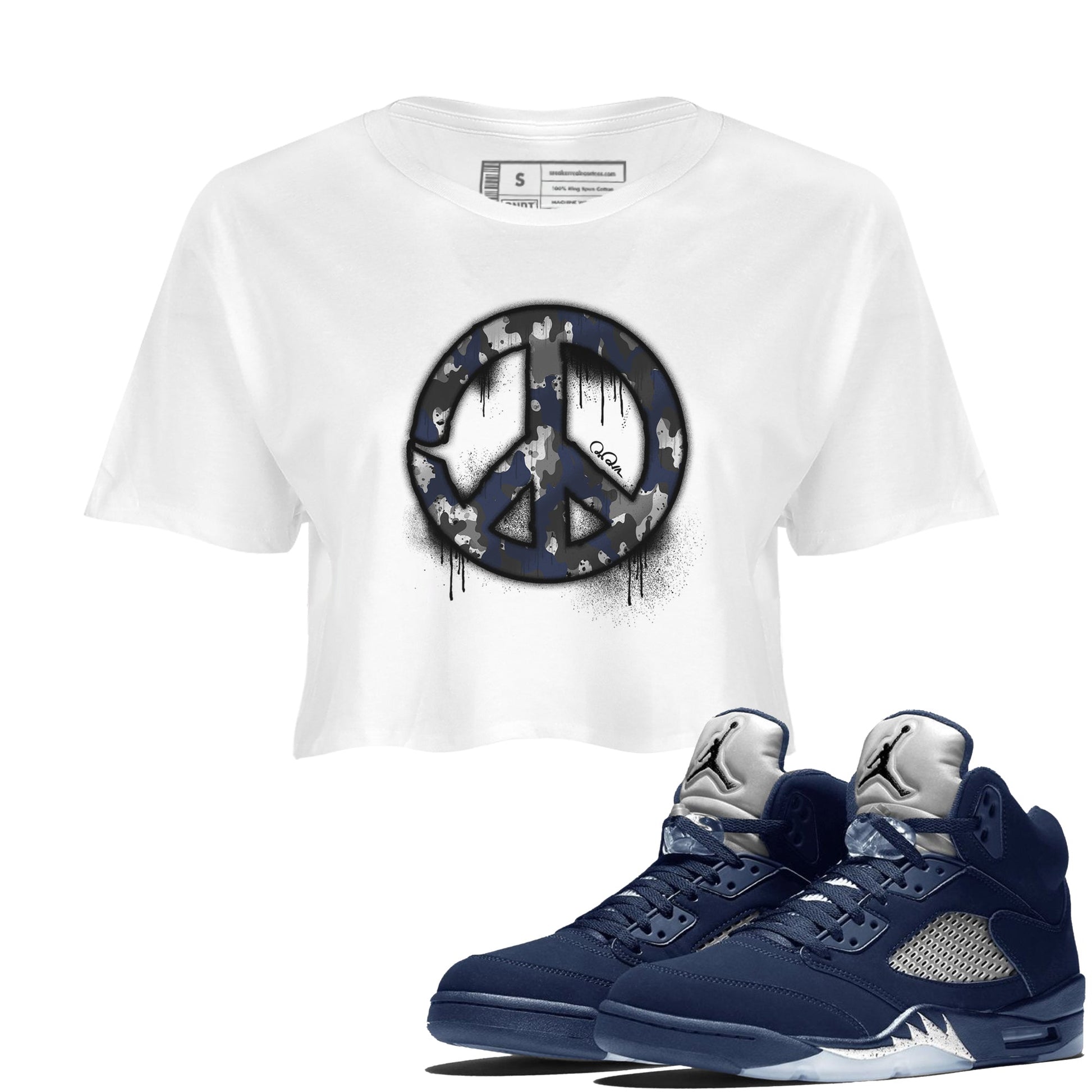 Air Jordan 5 Georgetown shirt to match jordans Peace Sign sneaker tees AJ5 Georgetown SNRT Sneaker Release Tees White 1 Crop T-Shirt