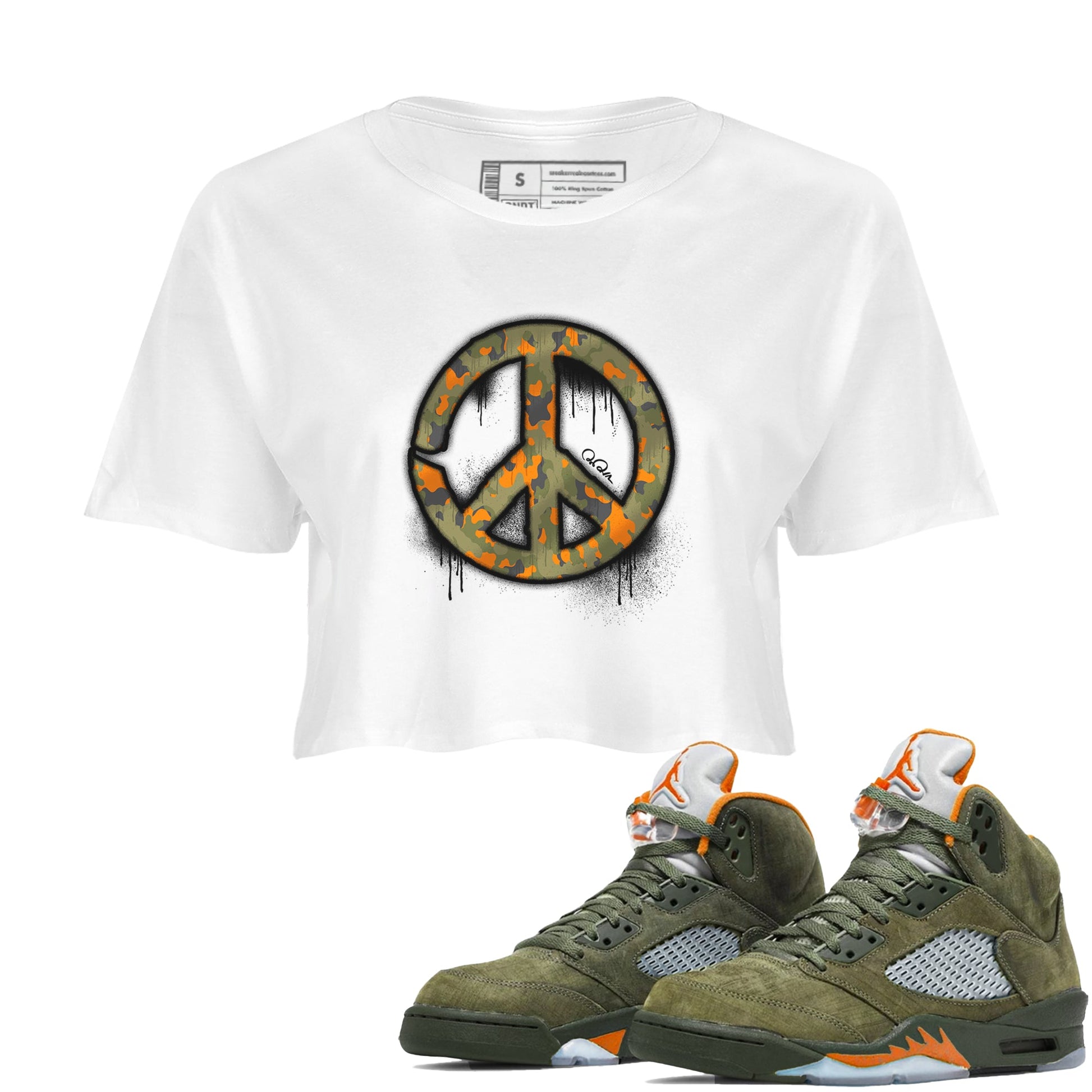 Air Jordan 5 Olive shirt to match jordans Peace Sign sneaker tees AJ5 Olive SNRT Sneaker Release Tees White 1 crop length shirt