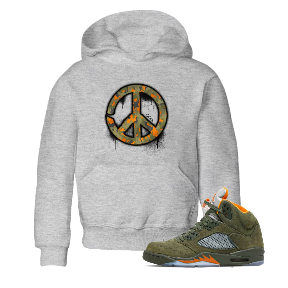 Air Jordan 5 Olive shirt to match jordans Peace Sign sneaker tees AJ5 Olive SNRT sneaker release tees baby toddler Heather Grey 1 cotton Shirt