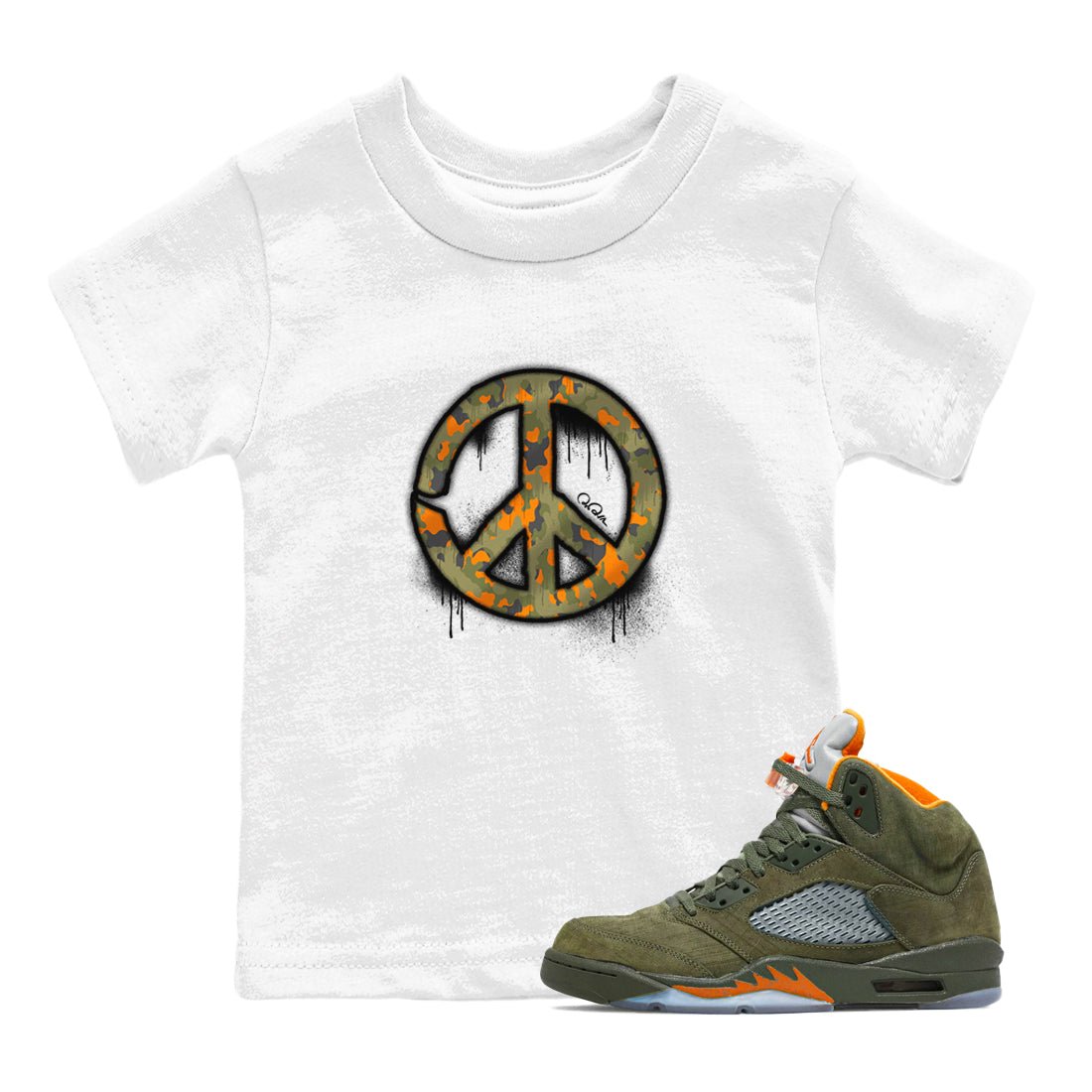 Air Jordan 5 Olive shirt to match jordans Peace Sign sneaker tees AJ5 Olive SNRT sneaker release tees baby toddler White 1 cotton Shirt