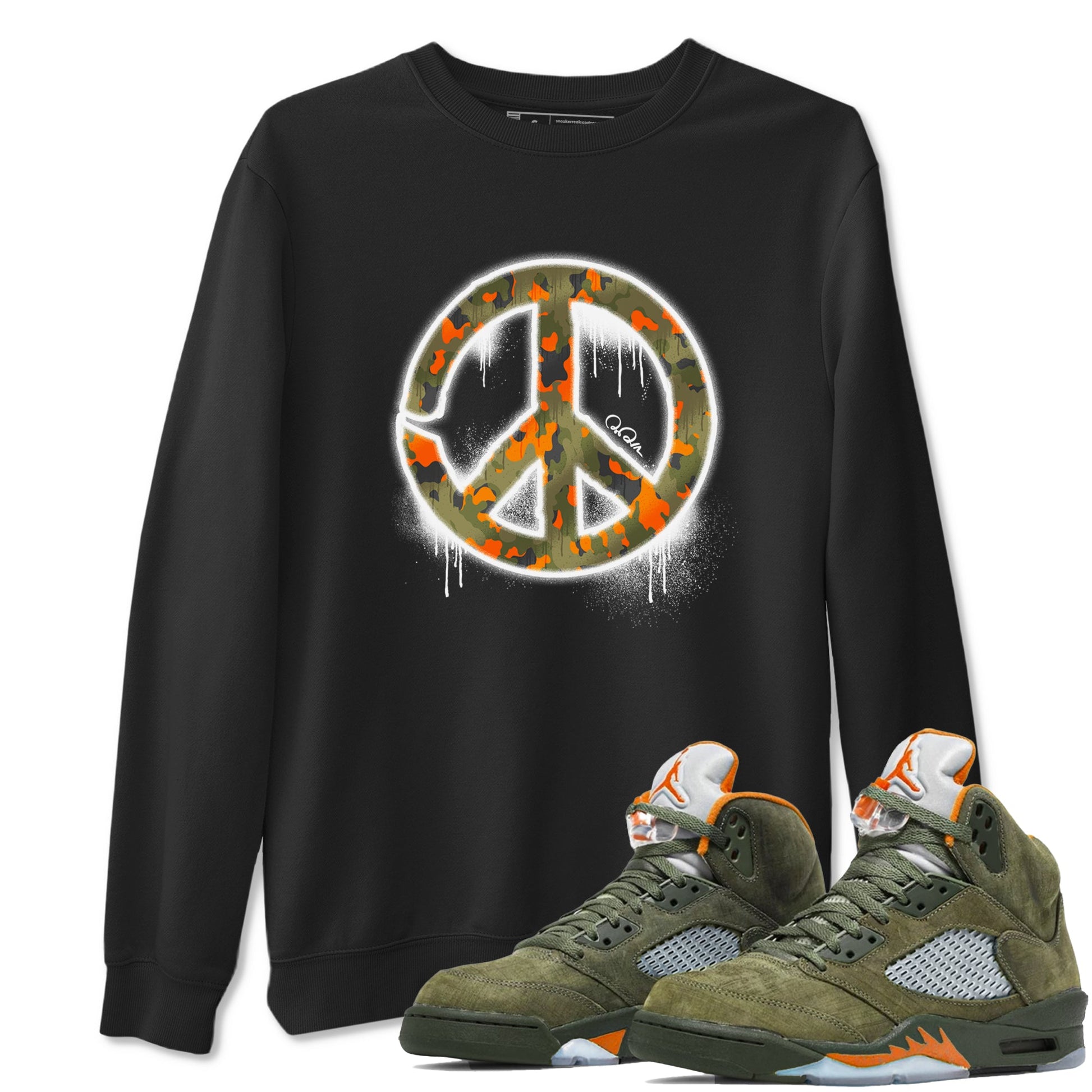 Air Jordan 5 Olive shirt to match jordans Peace Sign sneaker tees AJ5 Olive SNRT Sneaker Release Tees unisex cotton Black 1 crew neck shirt