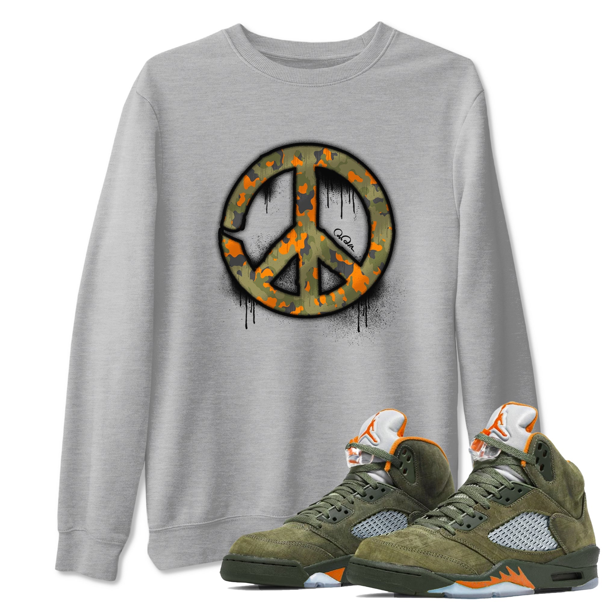 Air Jordan 5 Olive shirt to match jordans Peace Sign sneaker tees AJ5 Olive SNRT Sneaker Release Tees unisex cotton Heather Grey 1 crew neck shirt