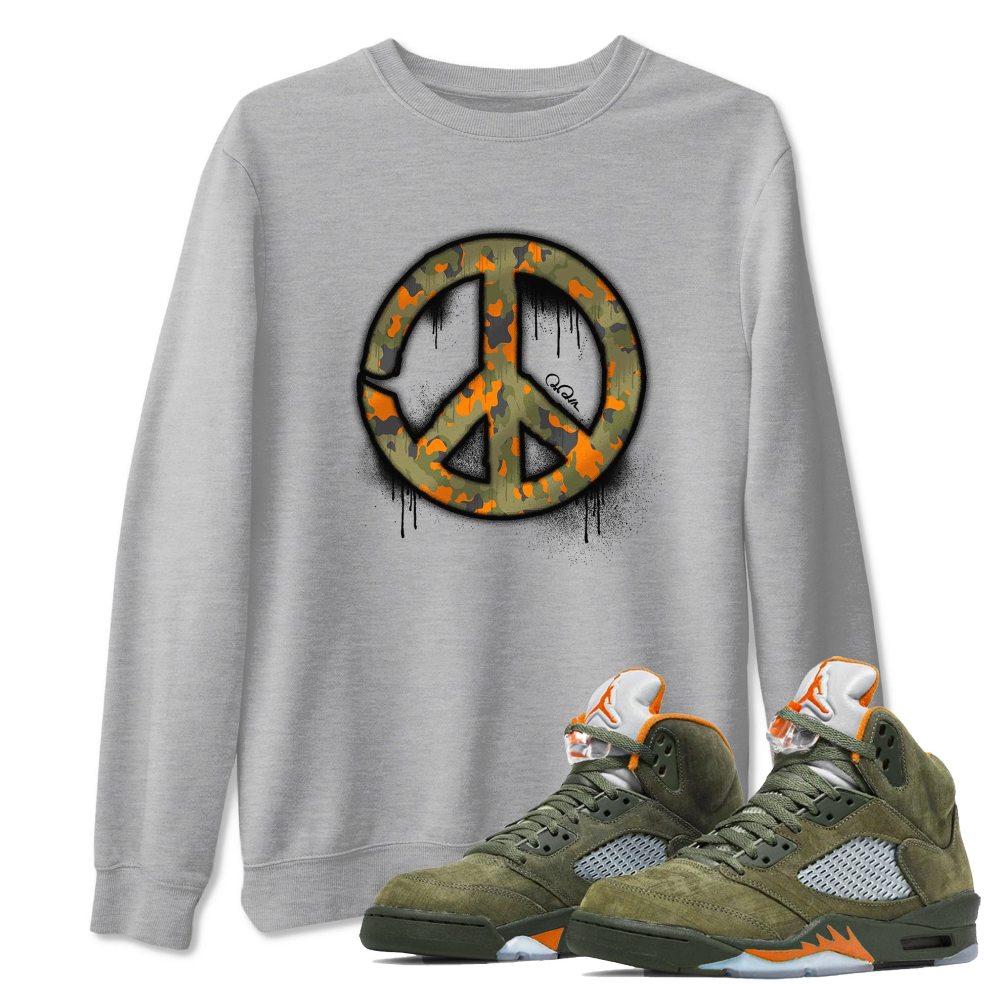 Air Jordan 5 Olive shirt to match jordans Peace Sign sneaker tees AJ5 Olive SNRT Sneaker Release Tees unisex cotton Heather Grey 1 crew neck shirt