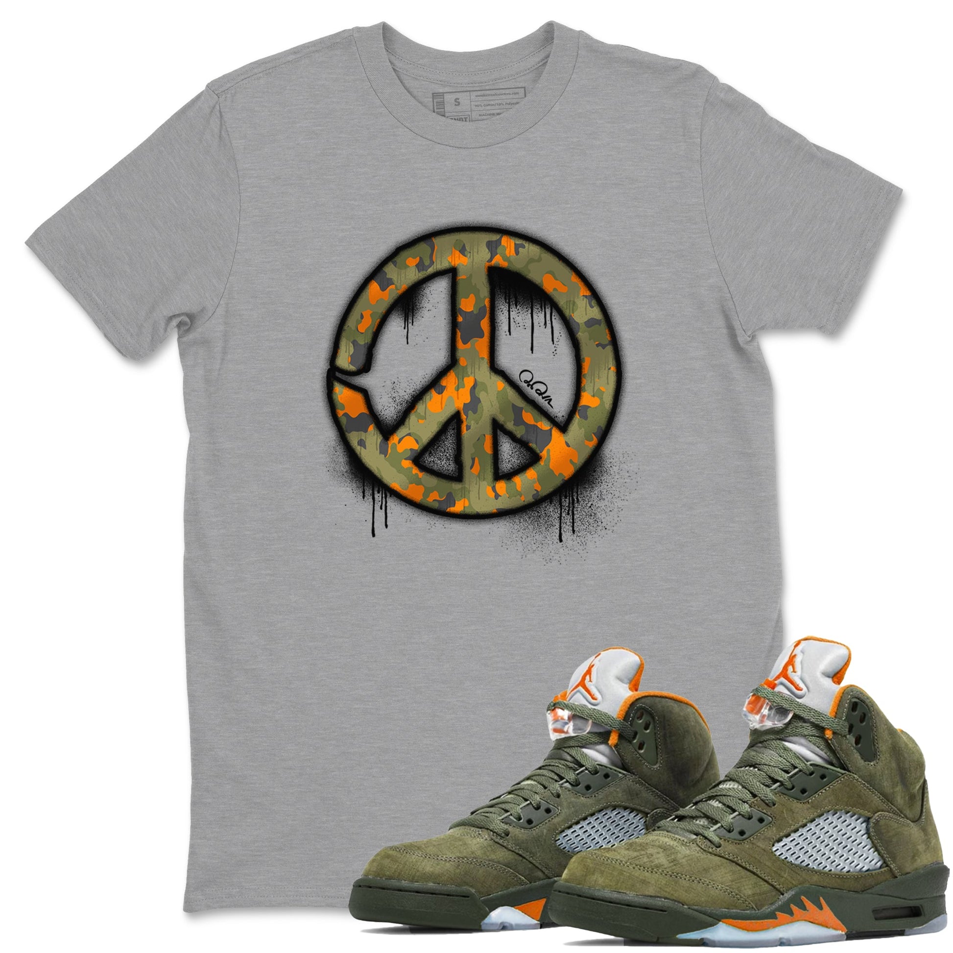 Air Jordan 5 Olive shirt to match jordans Peace Sign sneaker tees AJ5 Olive SNRT Sneaker Release Tees unisex cotton Heather Grey 1 crew neck shirt