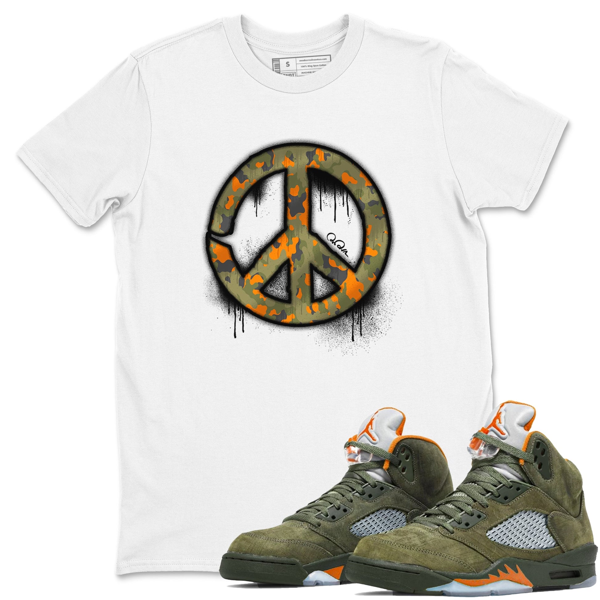 Air Jordan 5 Olive shirt to match jordans Peace Sign sneaker tees AJ5 Olive SNRT Sneaker Release Tees unisex cotton White 1 crew neck shirt