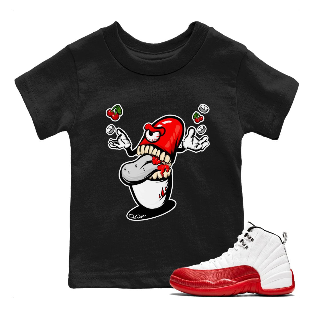Air Jordan 12 Cherry Sneaker Match Tees Pill Monster Sneaker Tees AJ12 Cherry Sneaker Release Tees Kids Shirts Black 1