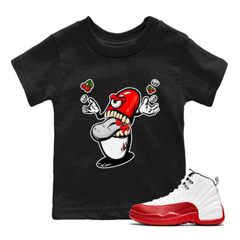 Air Jordan 12 Cherry Sneaker Match Tees Pill Monster Sneaker Tees AJ12 Cherry Sneaker Release Tees Kids Shirts Black 1