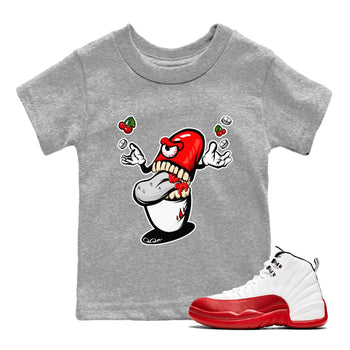 Air Jordan 12 Cherry Sneaker Match Tees Pill Monster Sneaker Tees AJ12 Cherry Sneaker Release Tees Kids Shirts Heather Grey 1
