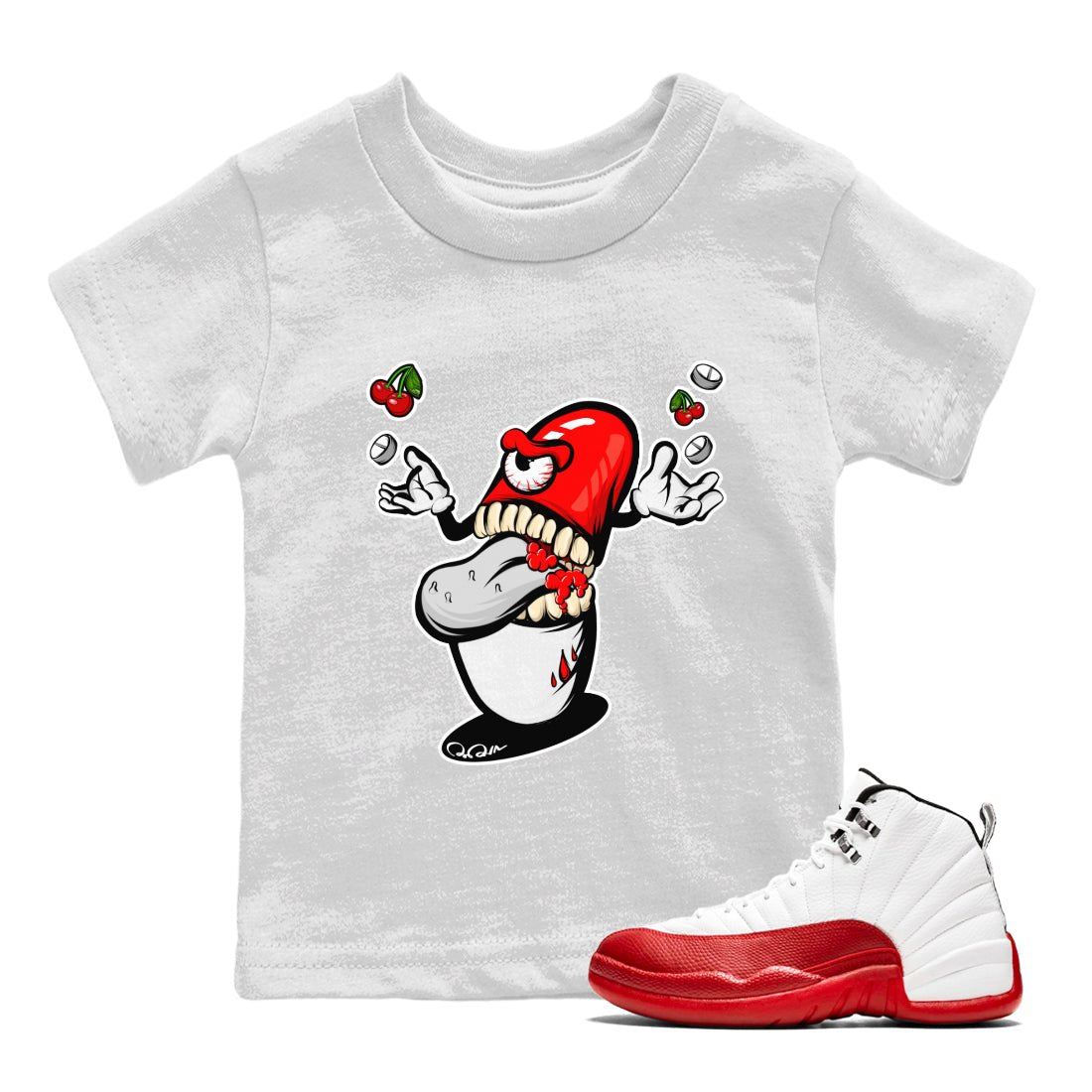 Air Jordan 12 Cherry Sneaker Match Tees Pill Monster Sneaker Tees AJ12 Cherry Sneaker Release Tees Kids Shirts White 1