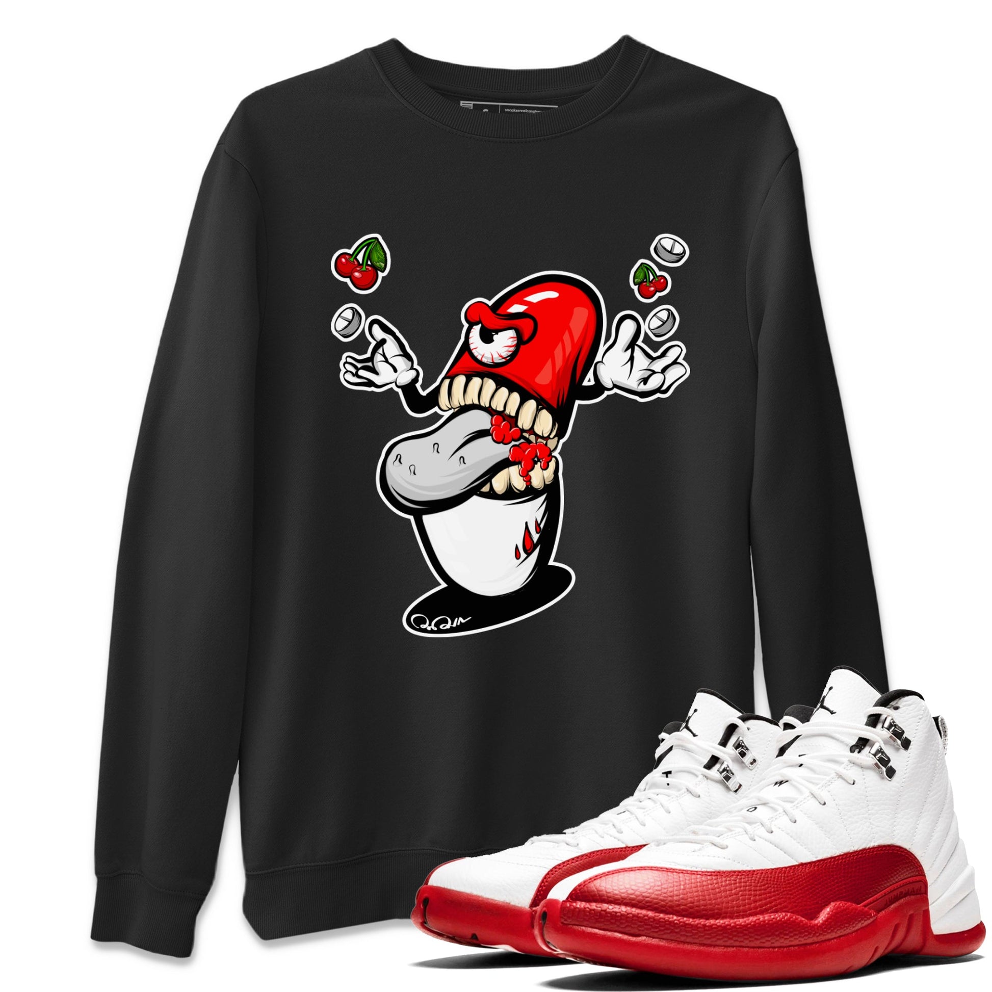 Air Jordan 12 Cherry Sneaker Match Tees Pill Monster Sneaker Tees AJ12 Cherry Sneaker Release Tees Unisex Shirts Black 1